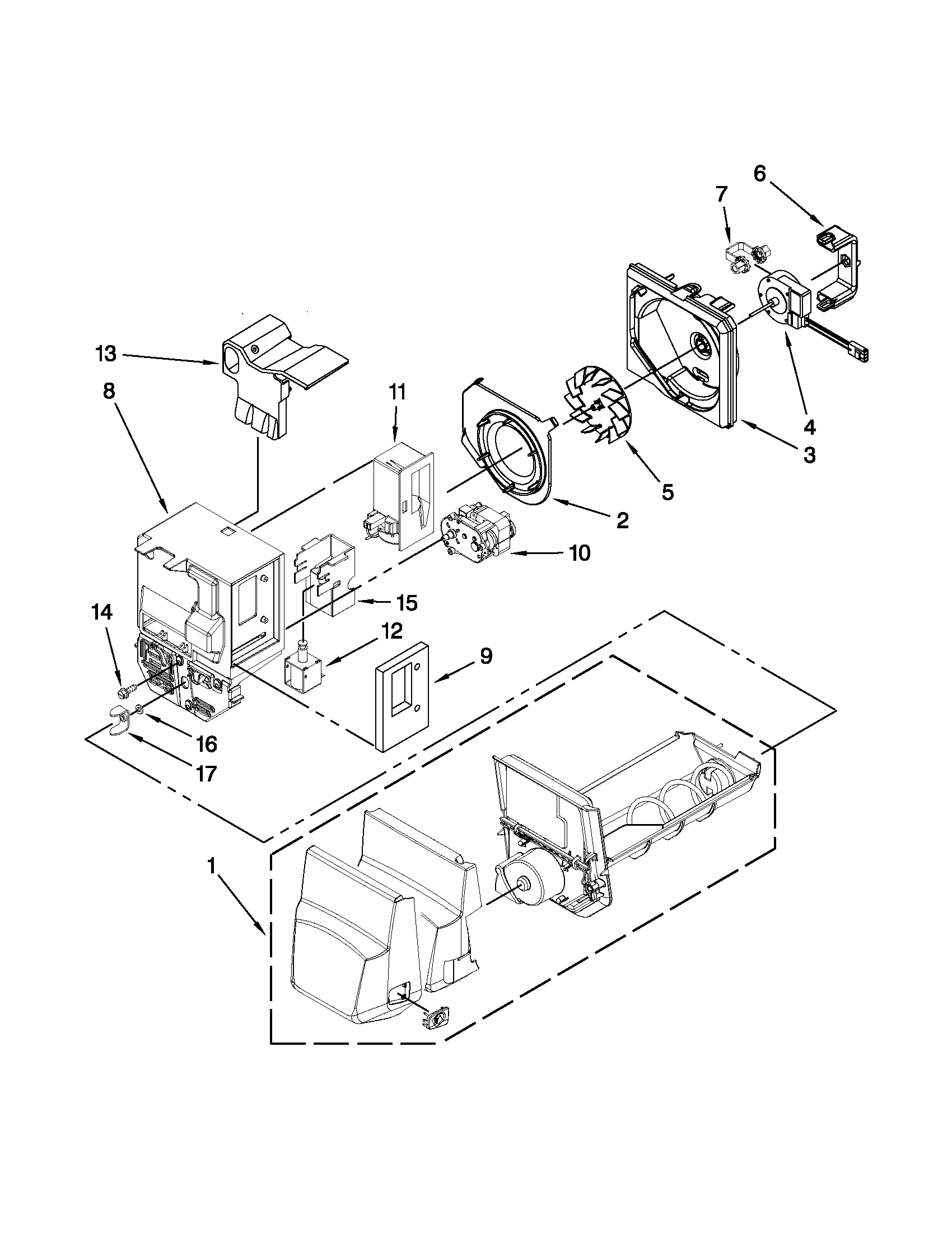 Whirlpool GZ25FSRXYY7 motor and ice container parts diagram