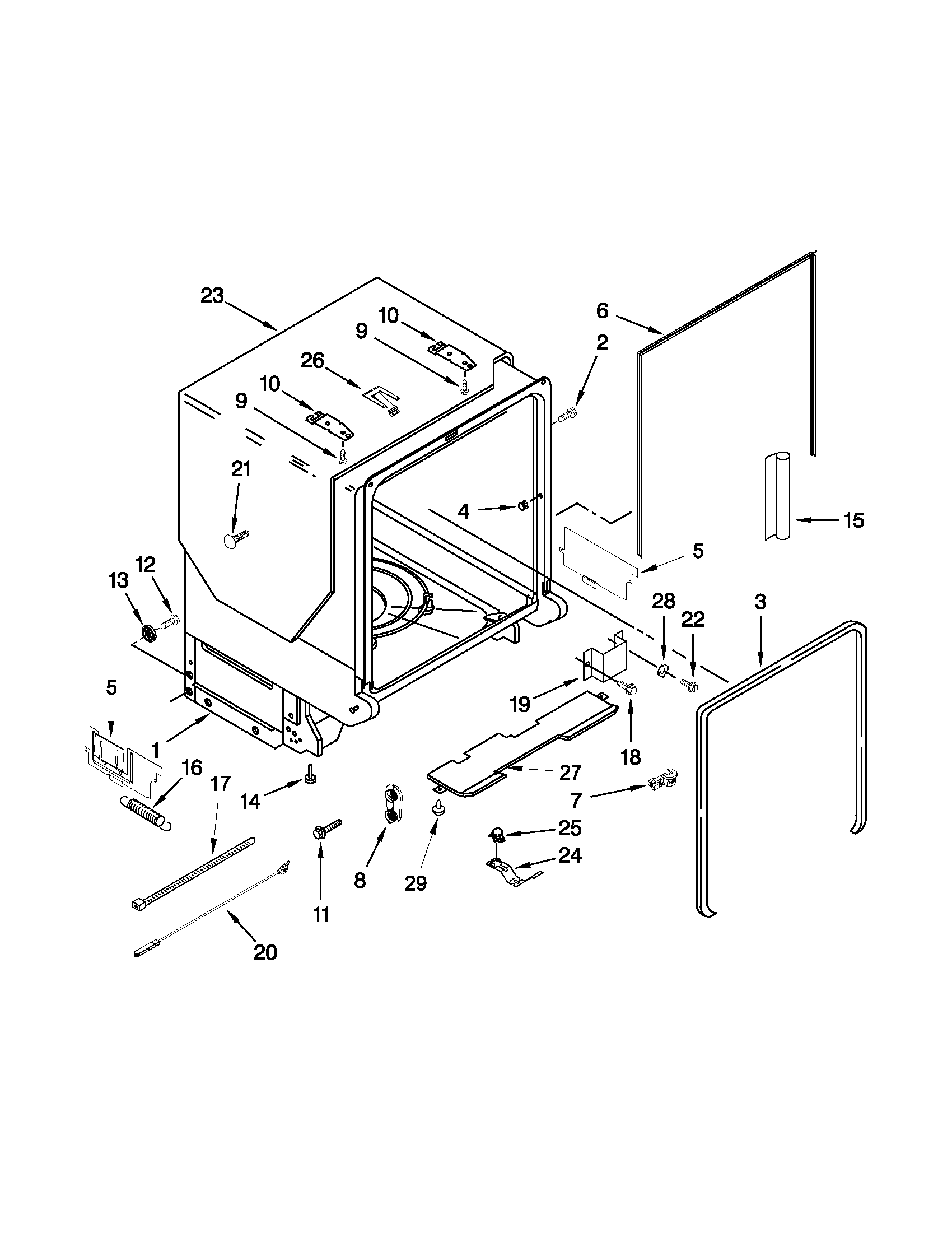 Jenn-Air JDB3650AWF0 tub and frame parts diagram