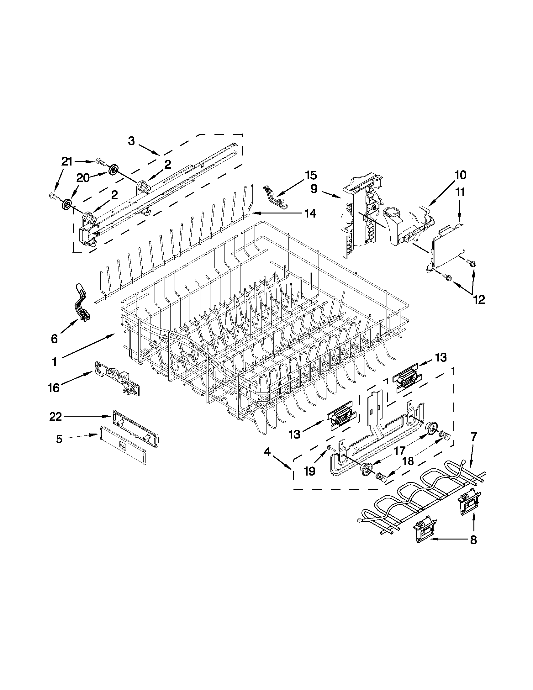 Jenn-Air JDB3650AWF0 upper rack and track parts diagram