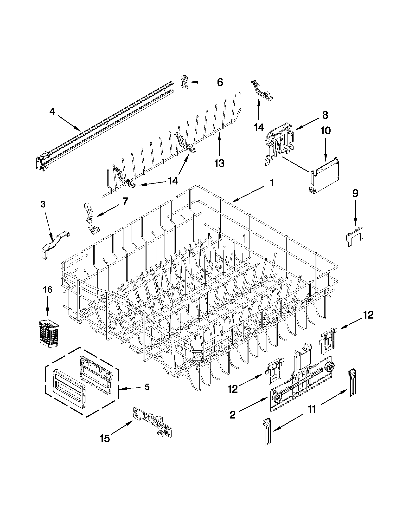 KitchenAid KUDS30IBBL1 upper rack and track parts diagram
