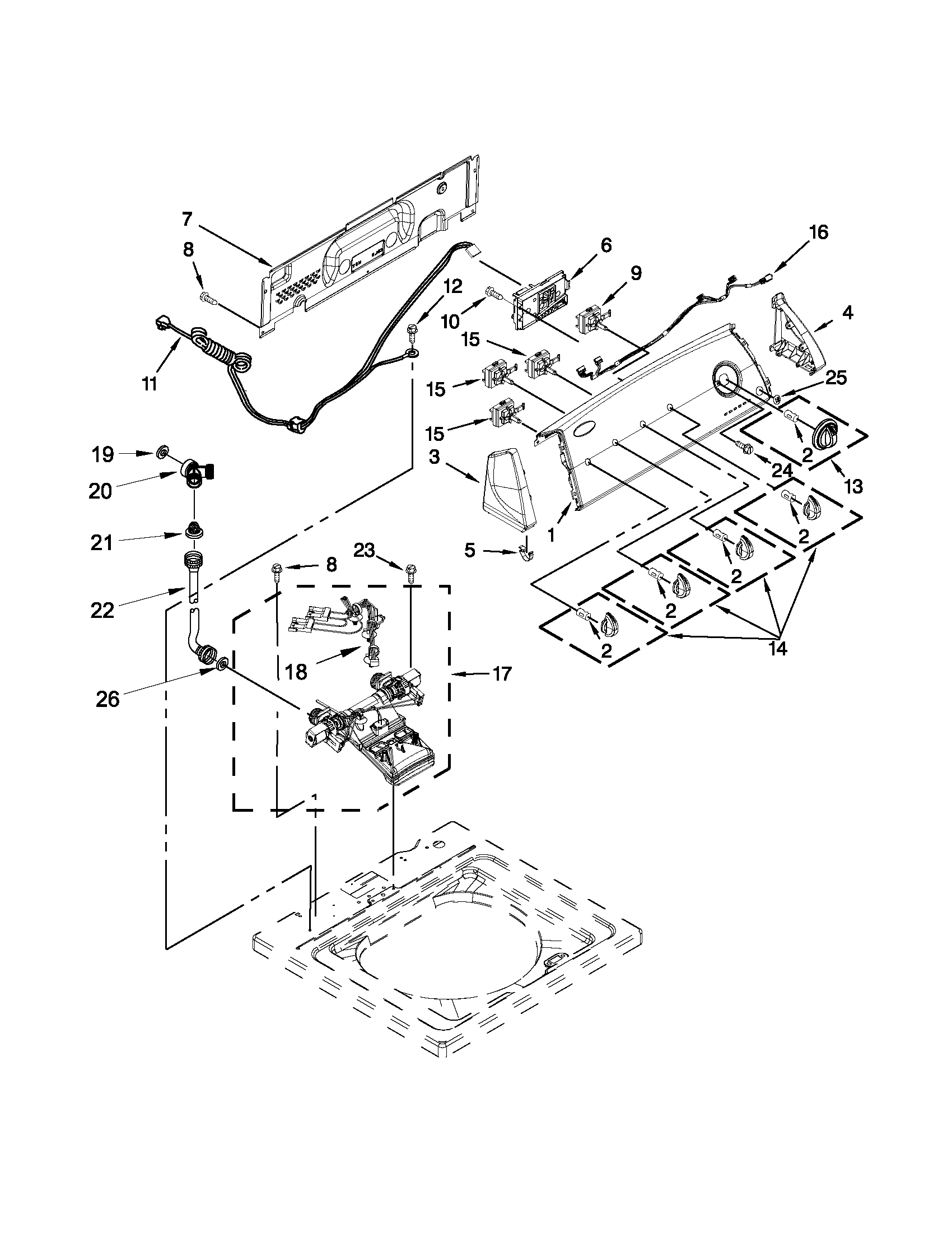 Whirlpool 7MWTW1712AM0 controls and water inlet parts diagram