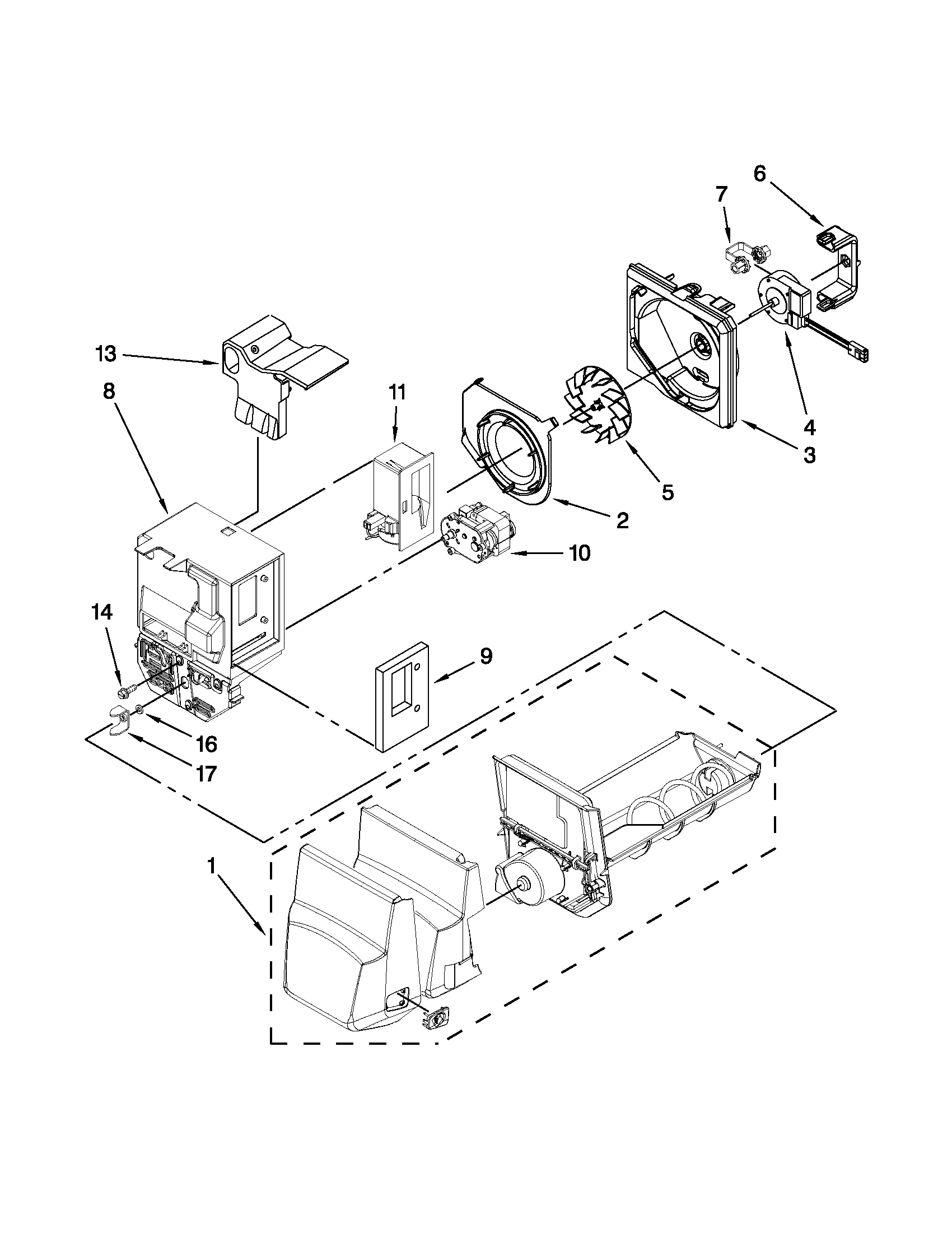 Maytag MFI2269VEB8 motor and ice container parts diagram