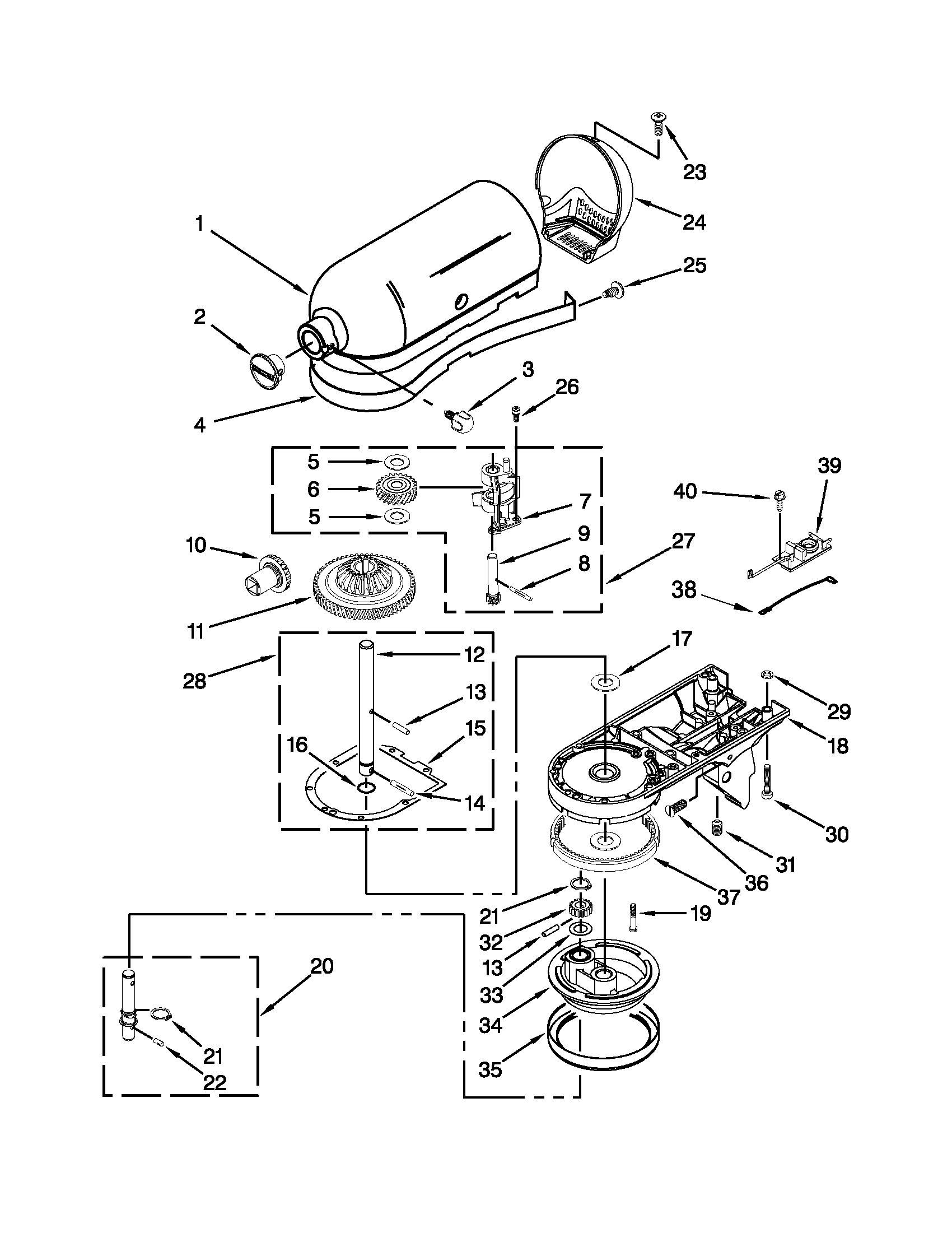 KitchenAid 5KSM150PSACU0 case, gearing and planetary unit diagram