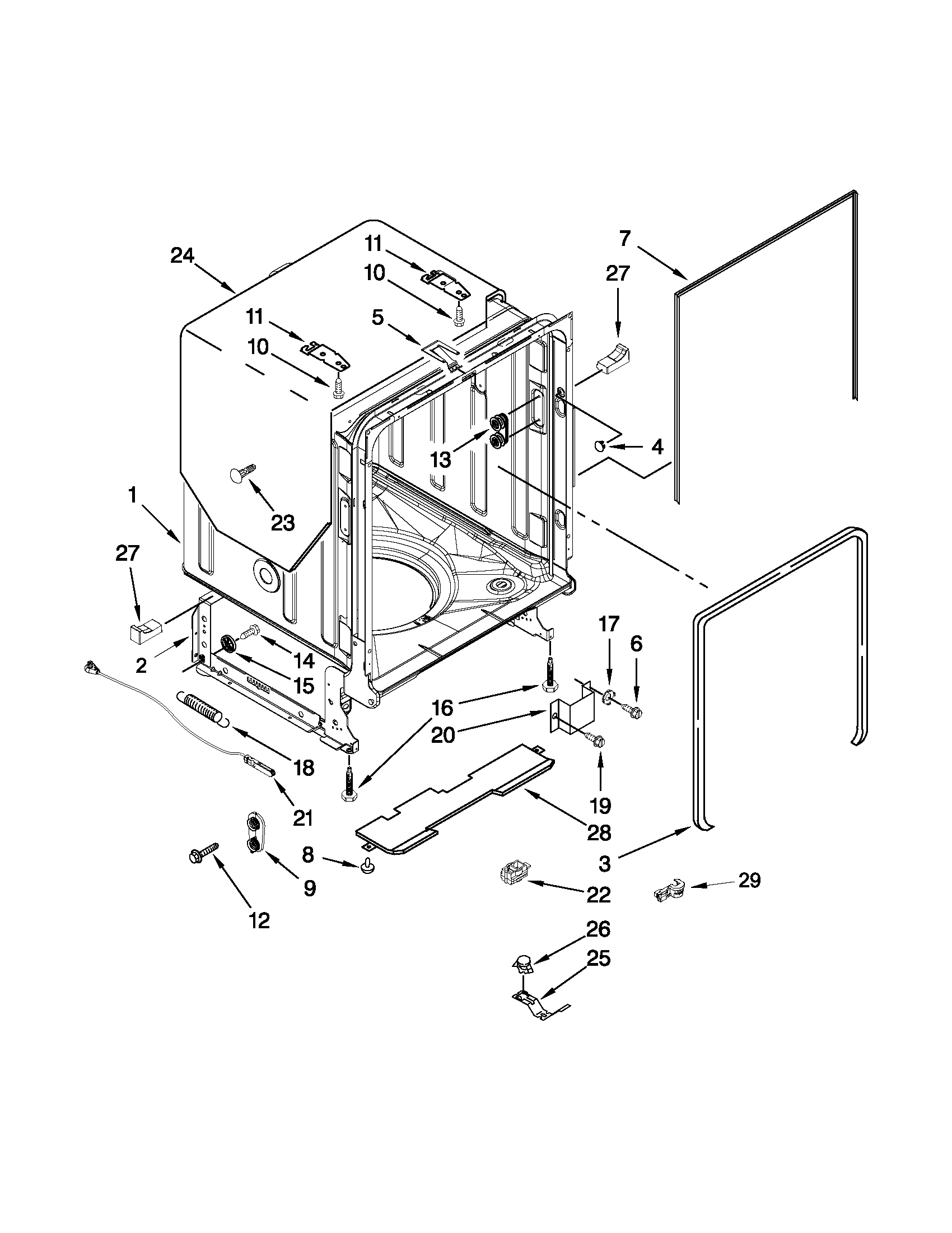 KitchenAid KUDE40FXSS6 tub and frame parts diagram