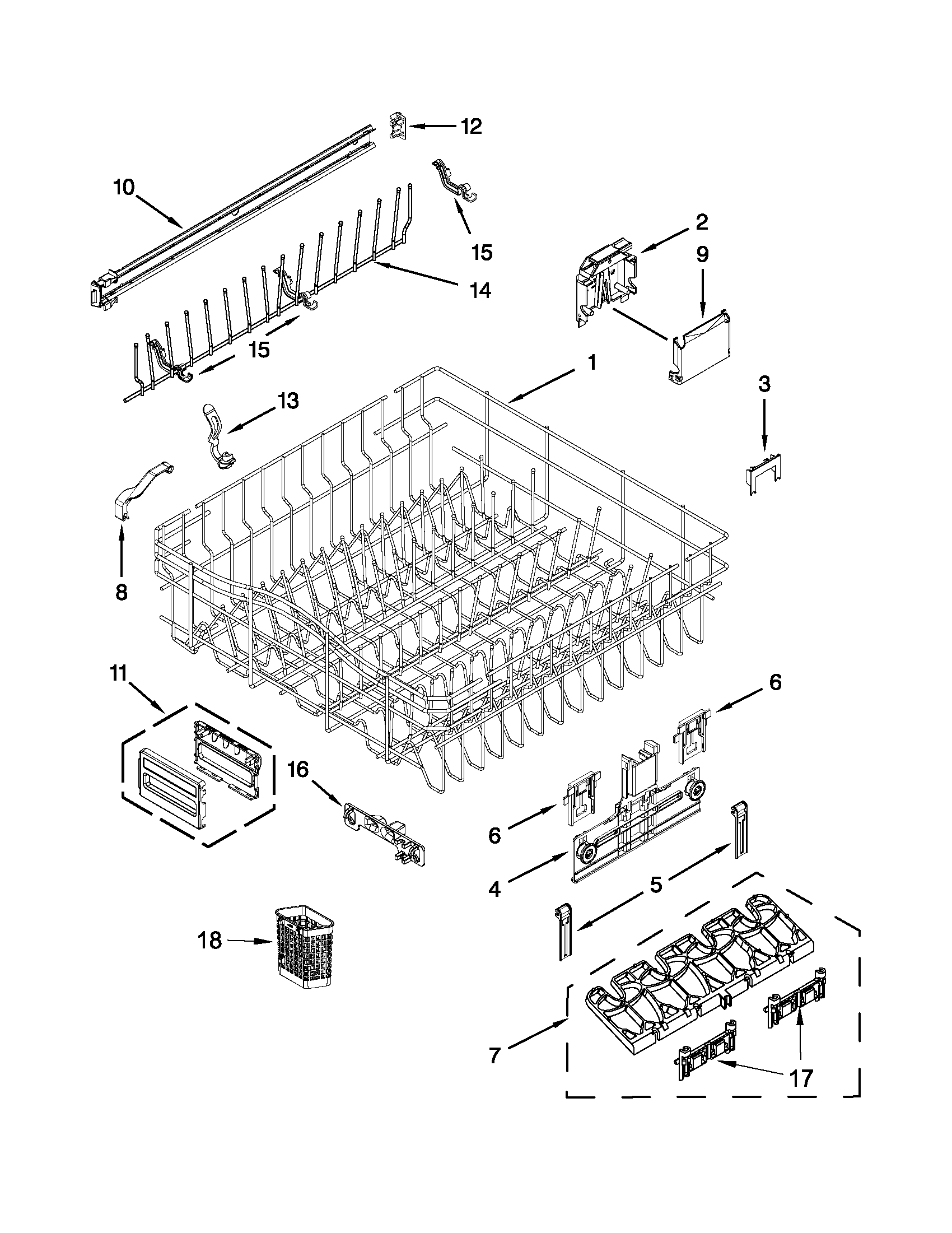 KitchenAid KUDE40FXSS6 upper rack and track parts diagram