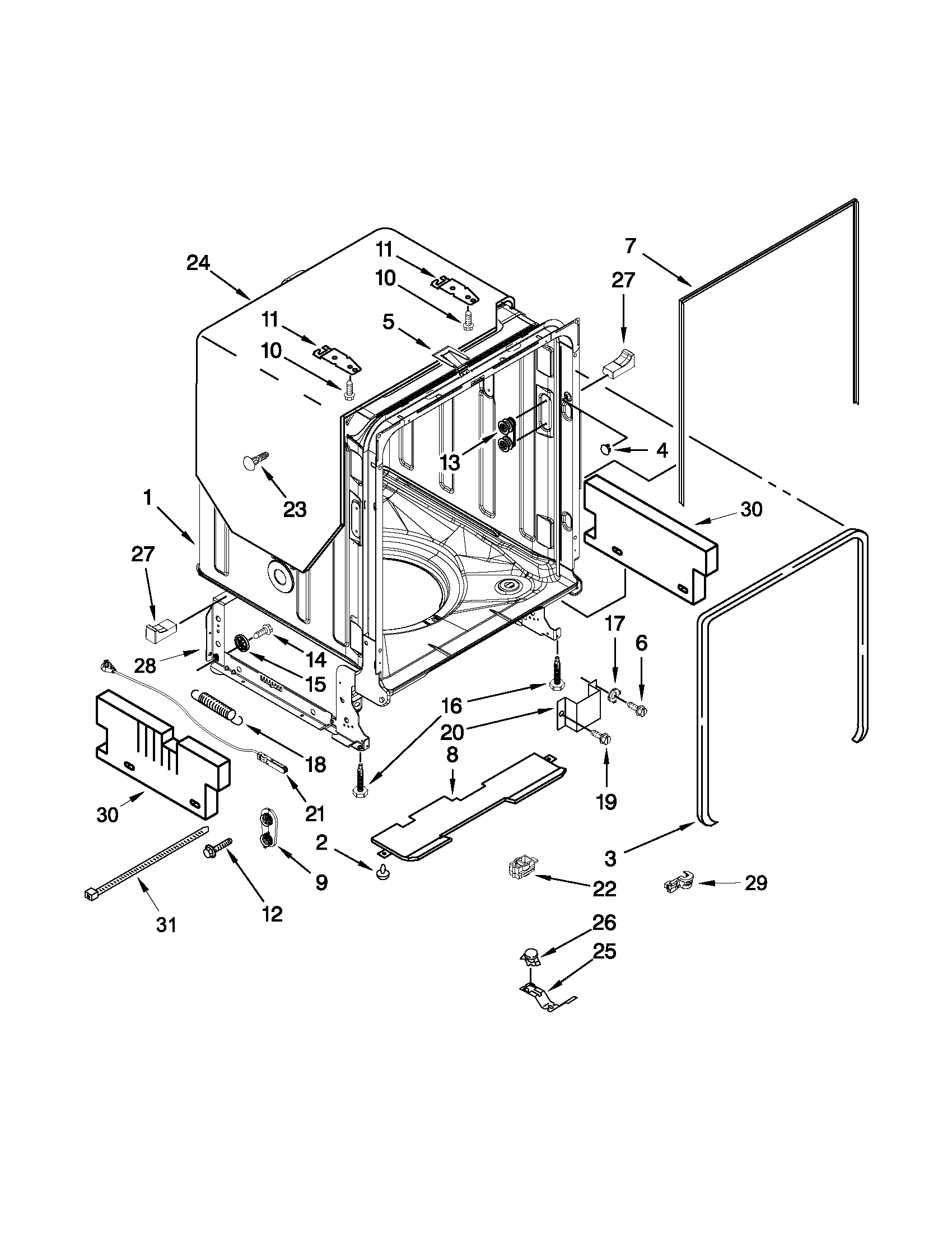 KitchenAid KUDE70FXWH5 tub and frame parts diagram