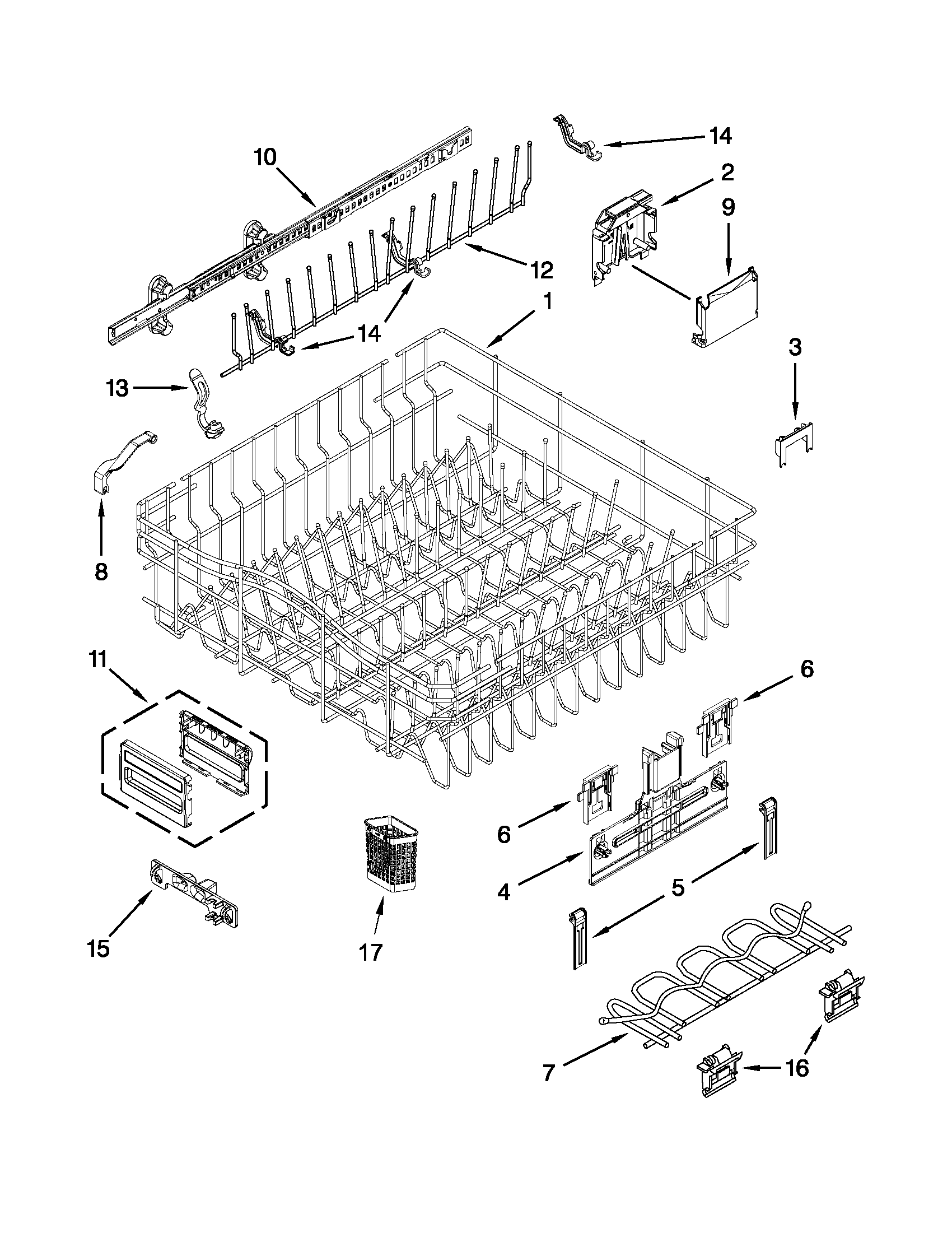 KitchenAid KUDE70FXWH5 upper rack and track parts diagram