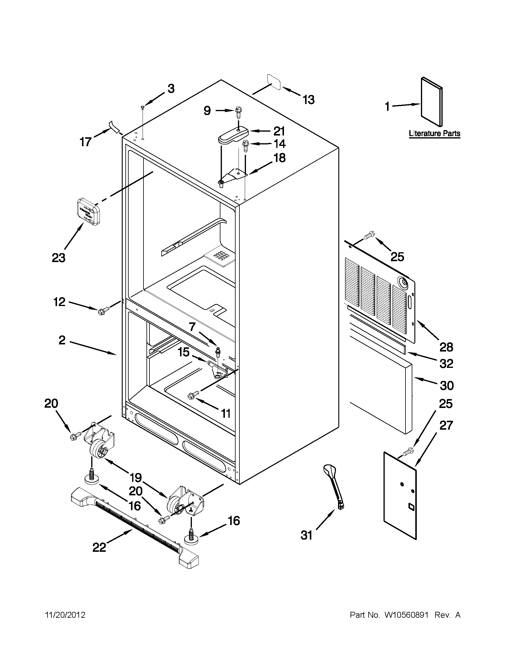 KitchenAid KBRS19KTWH7 cabinet parts diagram