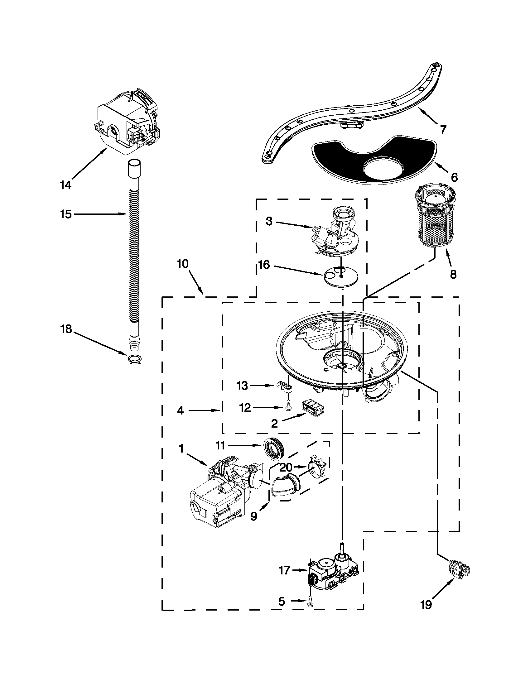 KitchenAid KUDL15FXWH6 pump, washarm and motor parts diagram