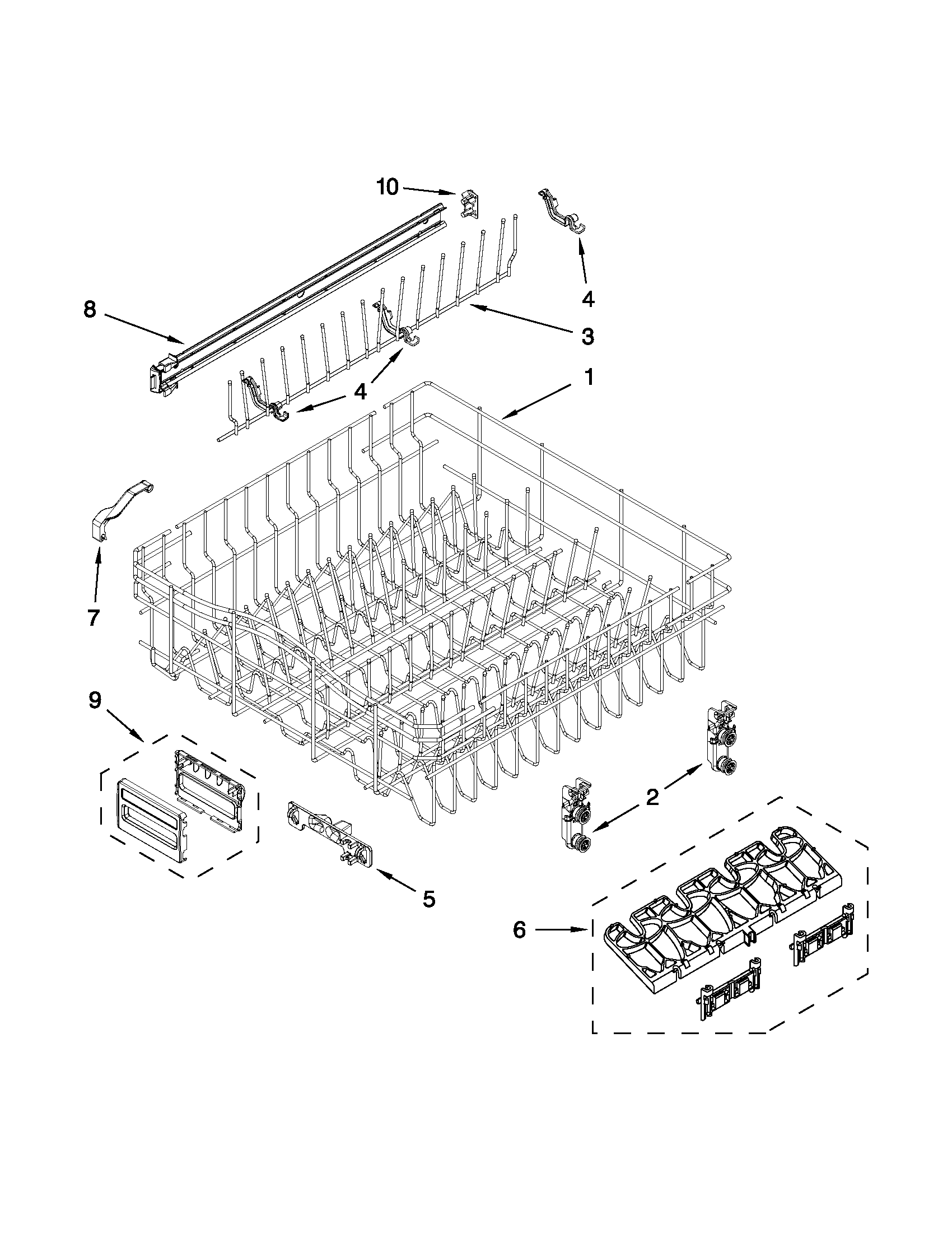 KitchenAid KUDL15FXWH6 upper rack and track parts diagram