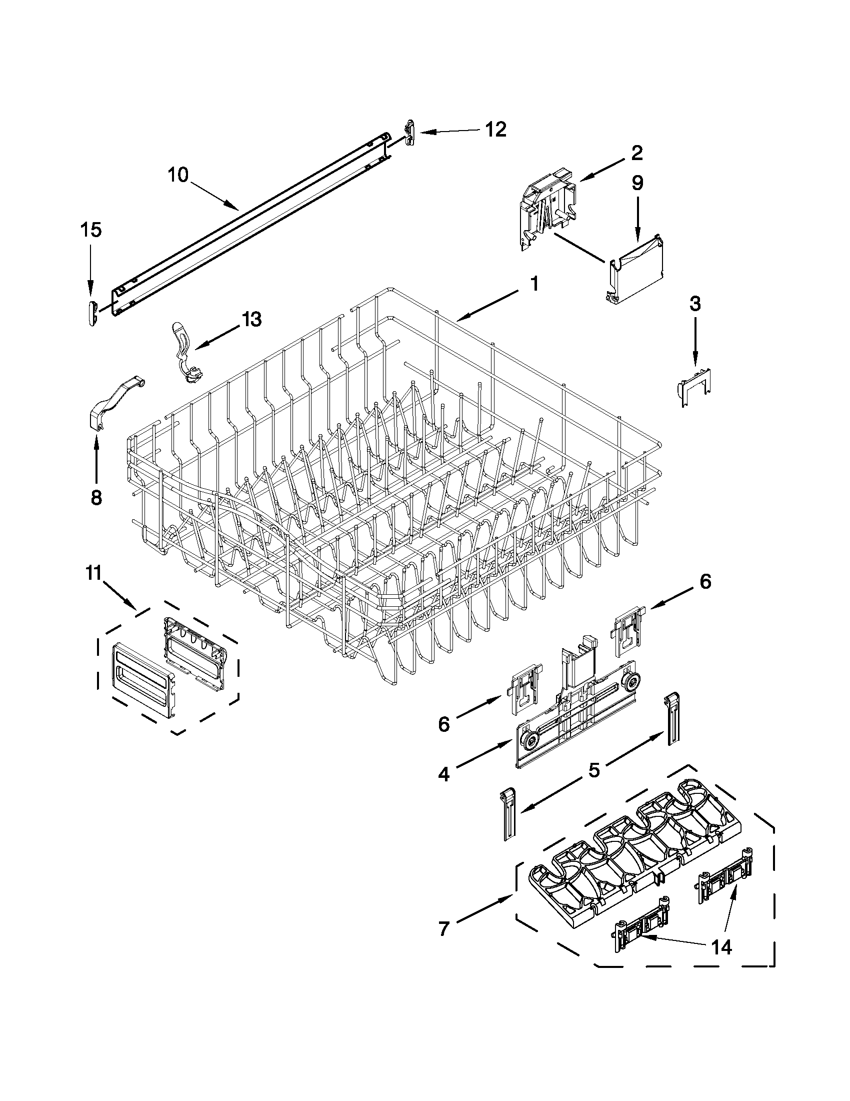 KitchenAid KUDE20FBWH0 upper rack and track parts diagram