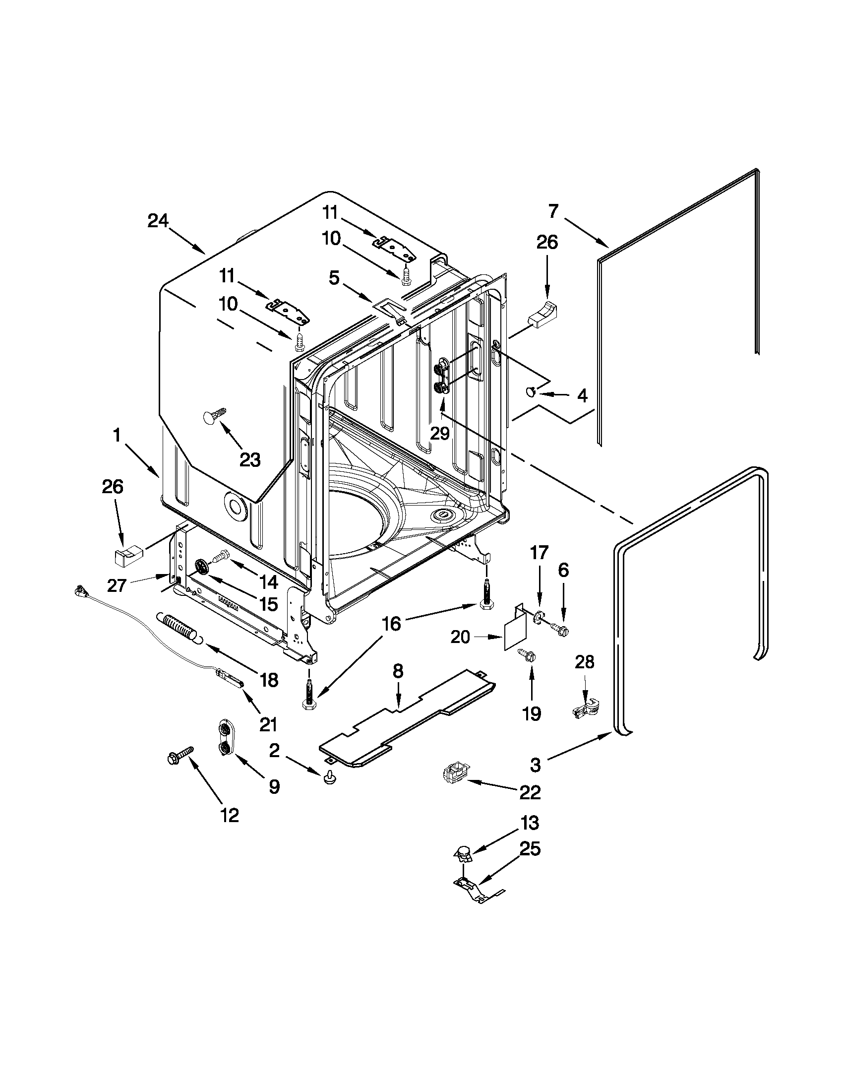 Jenn-Air JDB8000AWB1 tub and frame parts diagram