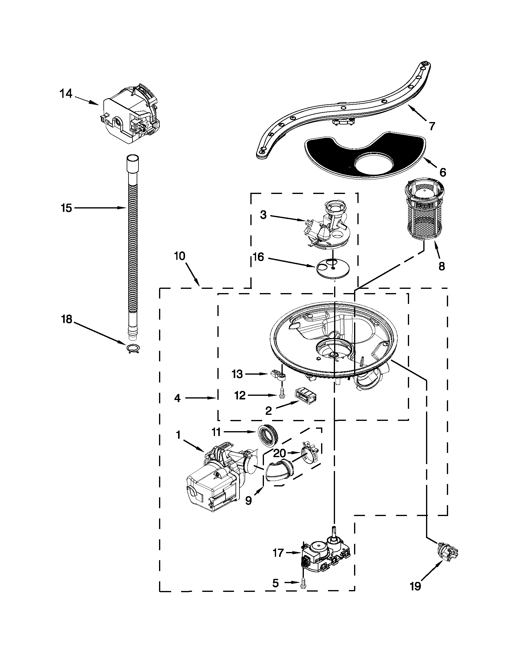 Jenn-Air JDB8000AWB1 pump, washarm and motor parts diagram