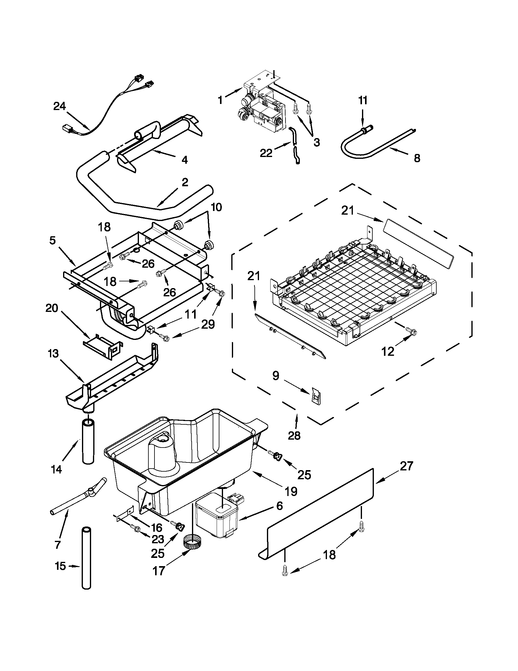 KitchenAid KUIS18NNXW1 evaporator, grid, and water parts diagram