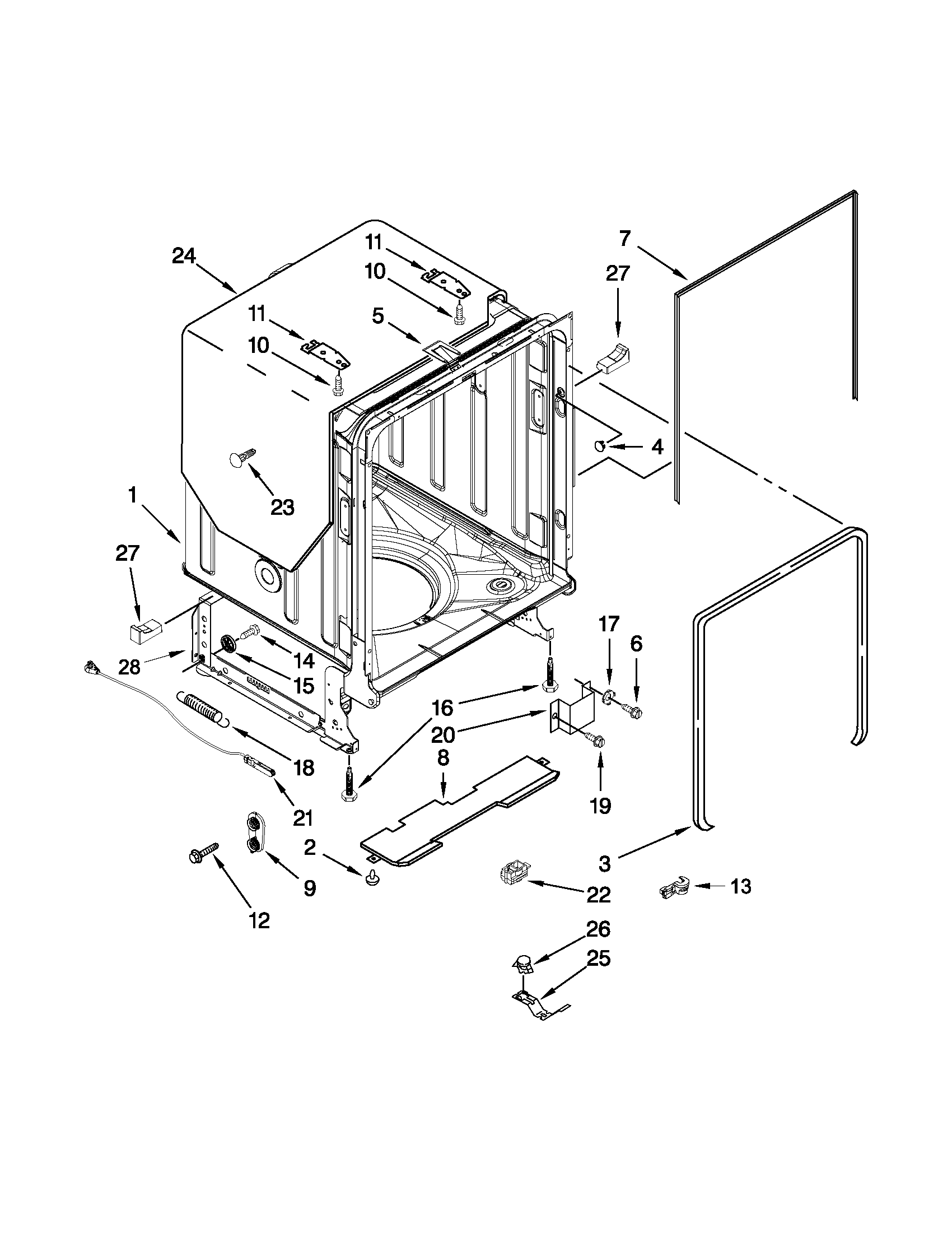 KitchenAid KUDE60FXSS5 tub and frame parts diagram