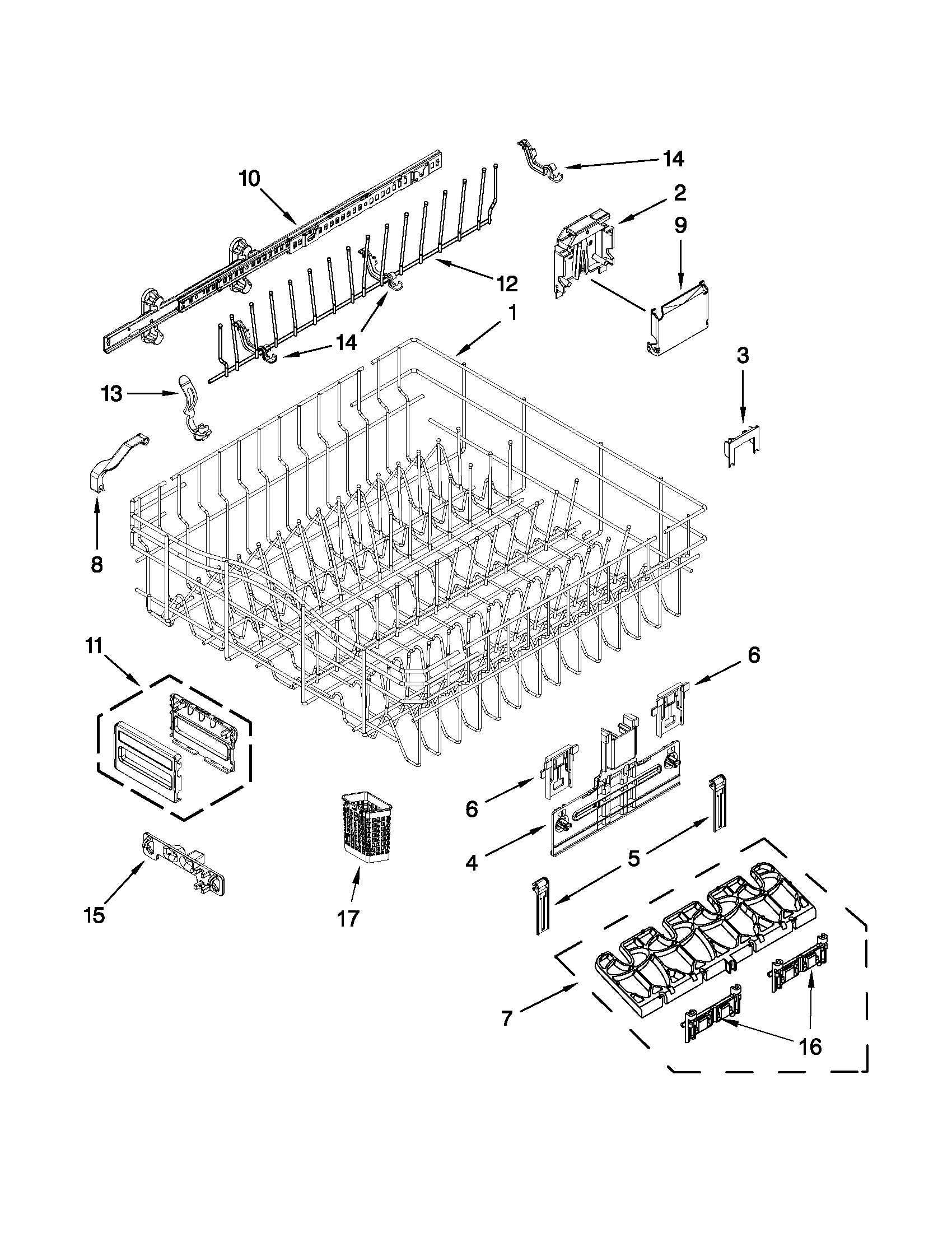 KitchenAid KUDE60FXSS5 upper rack and track parts diagram