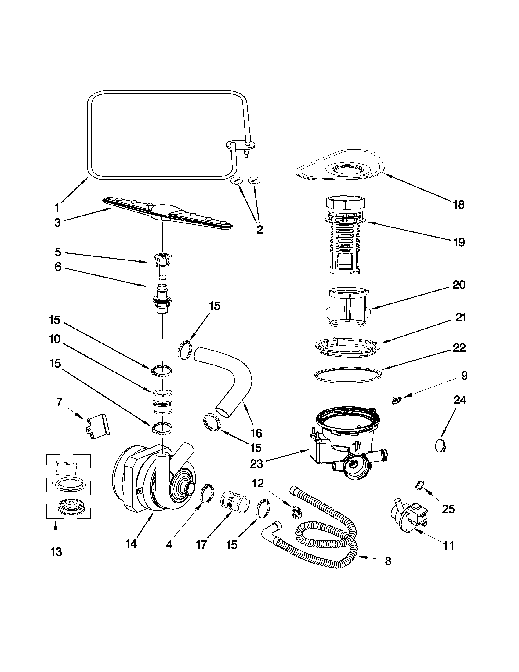 Whirlpool WDF550SAAB0 pump and sprayarm parts diagram