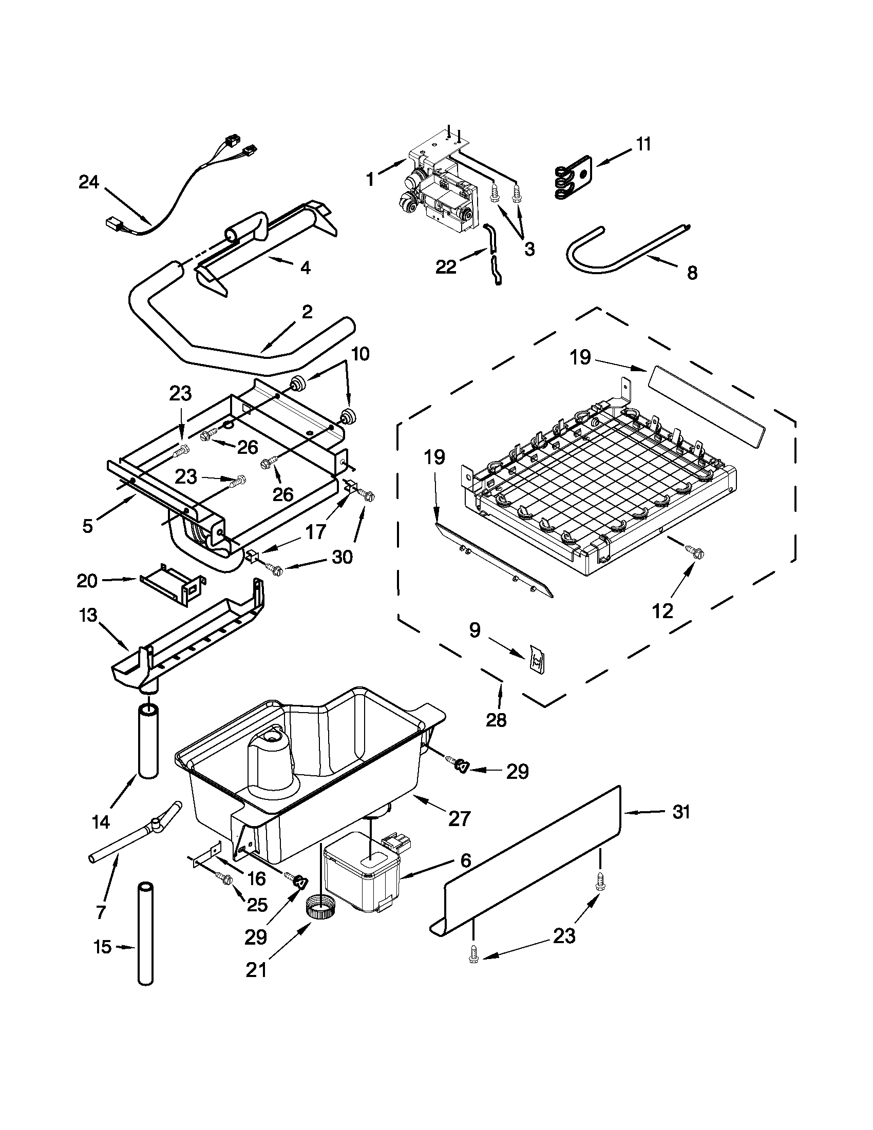 KitchenAid KUIC18NNXS2 evaporator, grid, and water parts diagram
