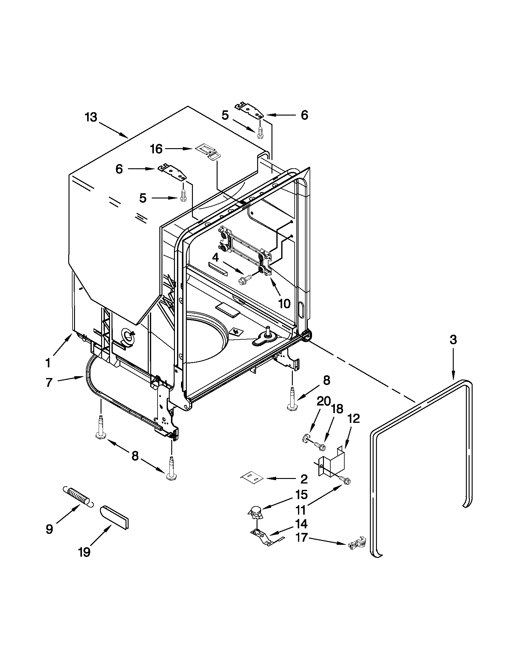 Whirlpool WDF730PAYB4 tub and frame parts diagram