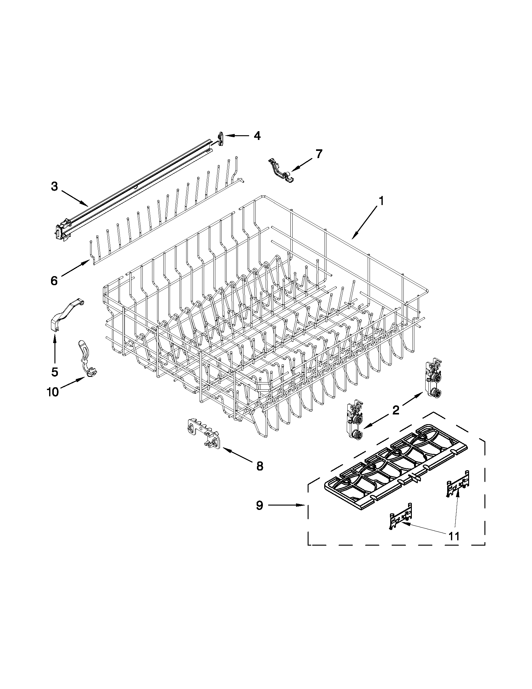 Whirlpool WDF730PAYB4 upper rack and track parts diagram