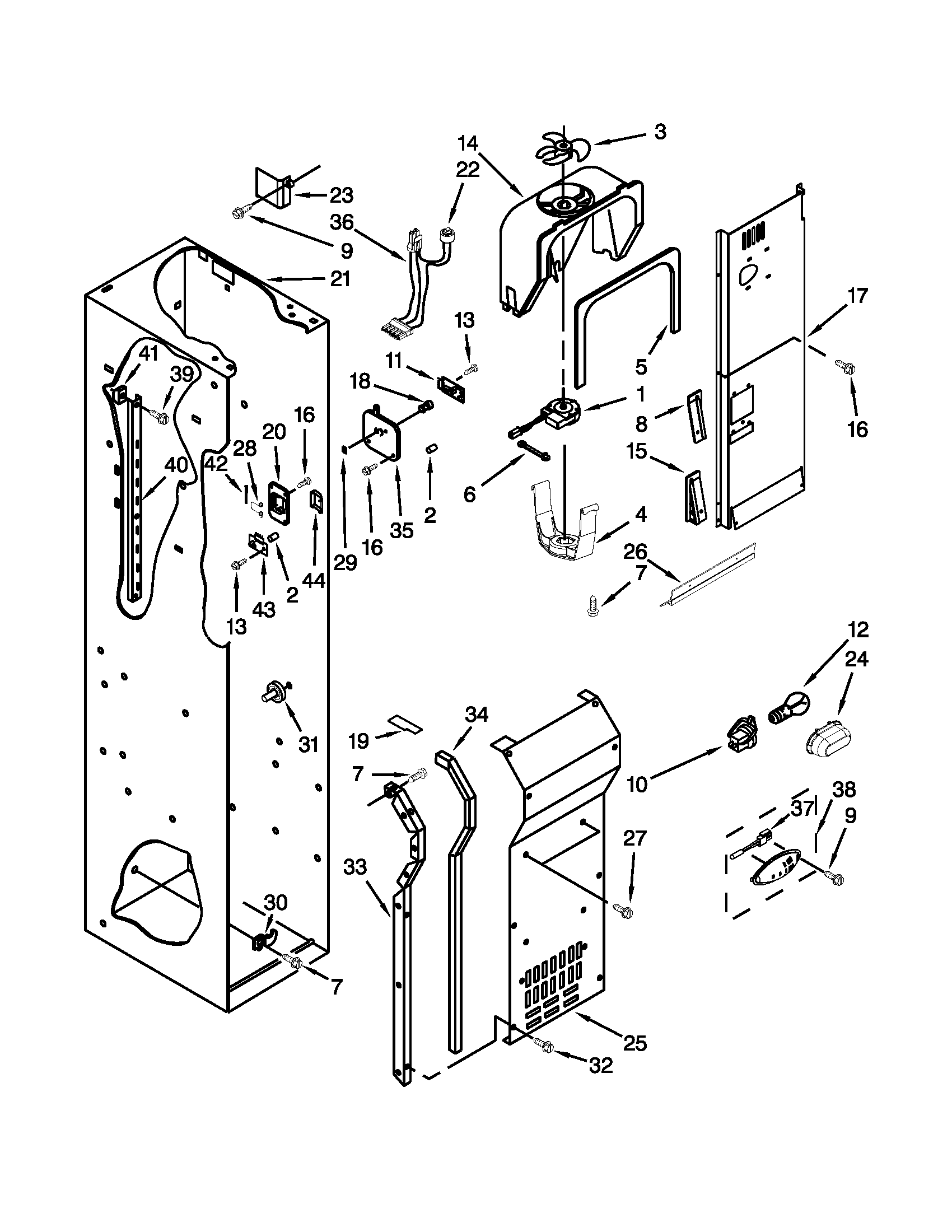 KitchenAid KSSC42QVS05 freezer liner and air flow parts diagram