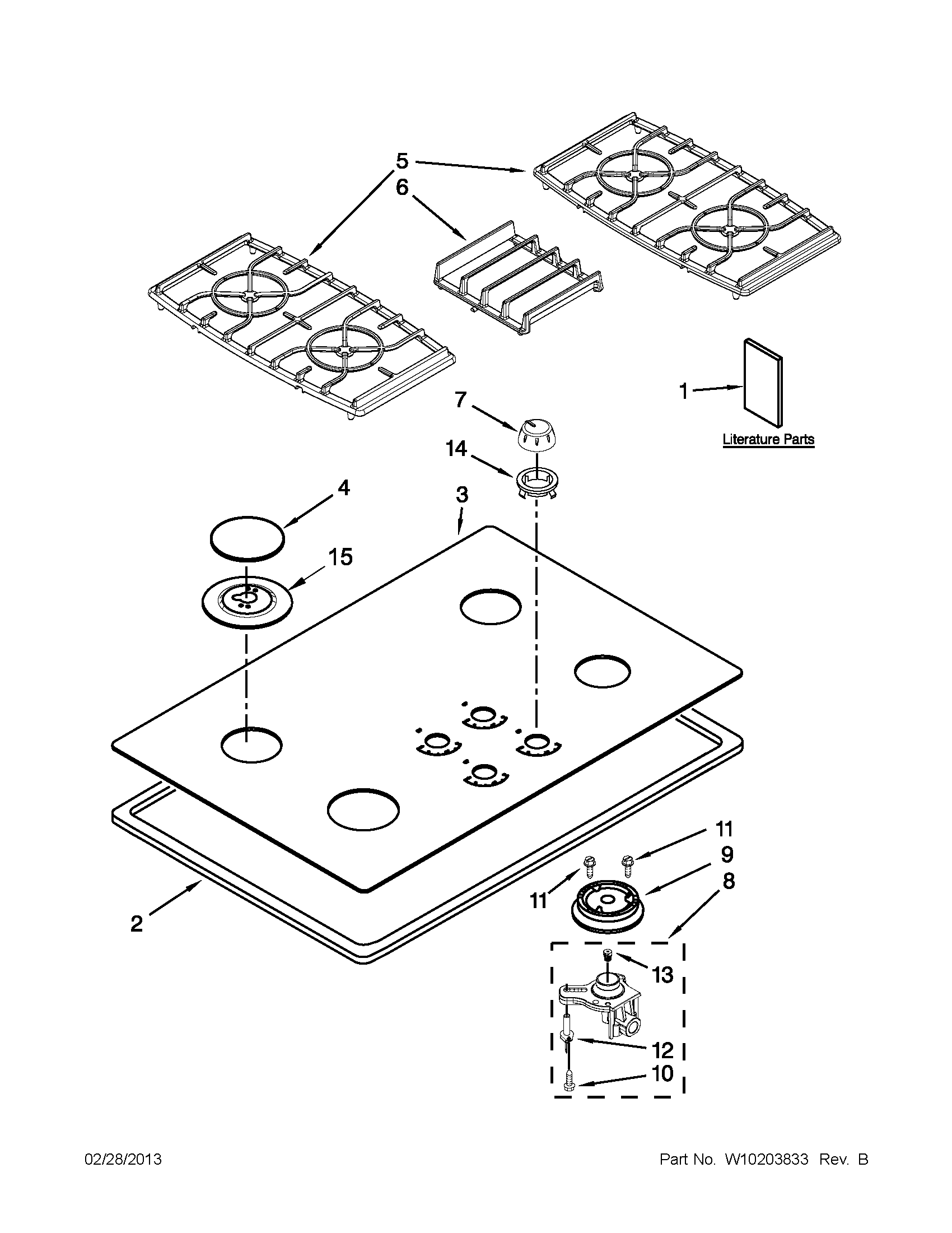 KitchenAid KGCC506RWW03 cooktop, burner and grate parts diagram
