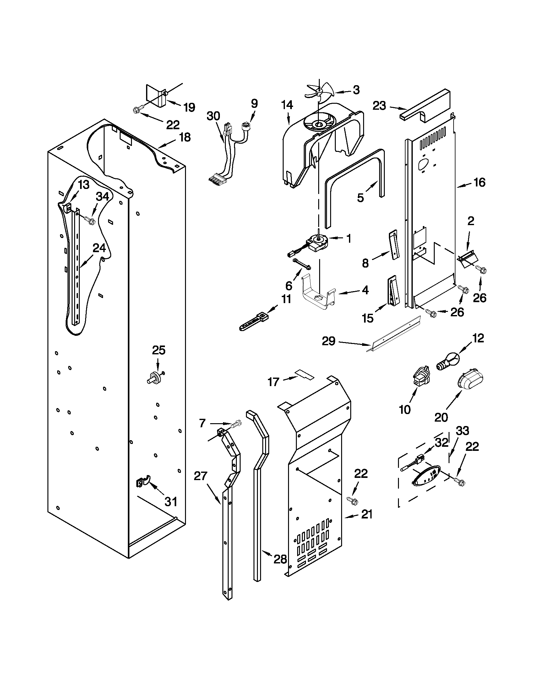 KitchenAid KSSO36FTX17 freezer liner and air flow parts diagram