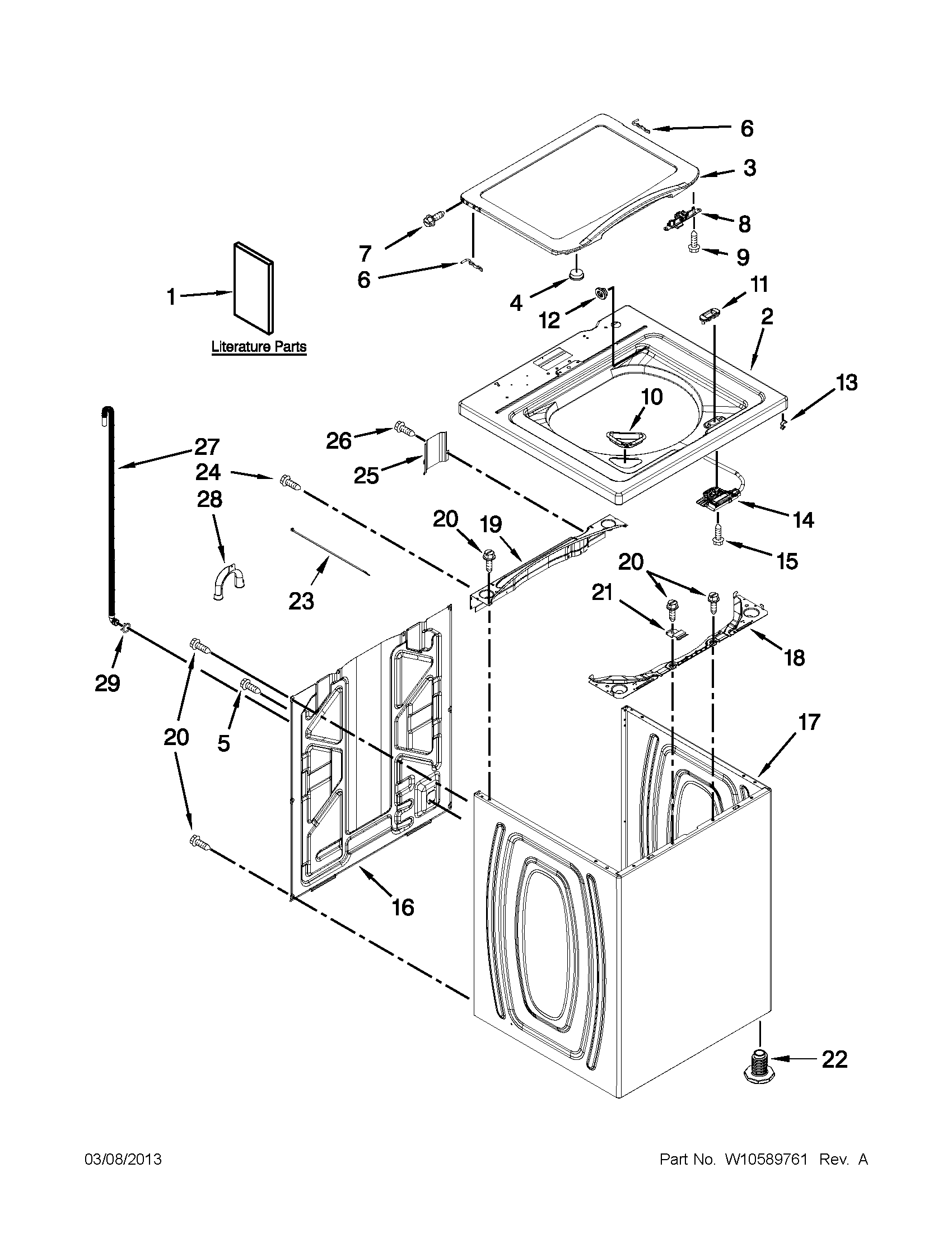 Whirlpool 7MWTW1705BQ0 top and cabinet parts diagram