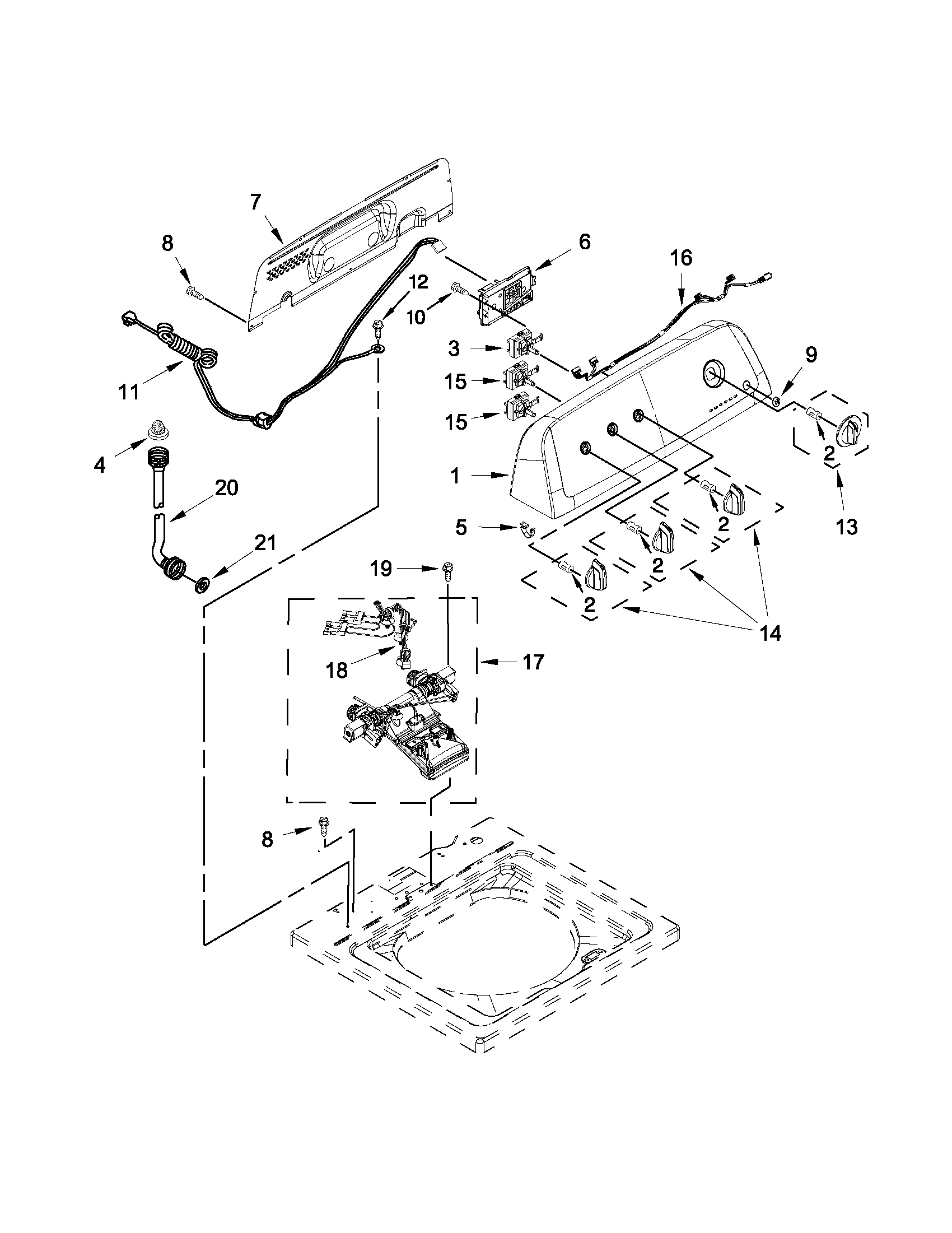 Whirlpool 7MWTW1705BQ0 controls and water inlet parts diagram