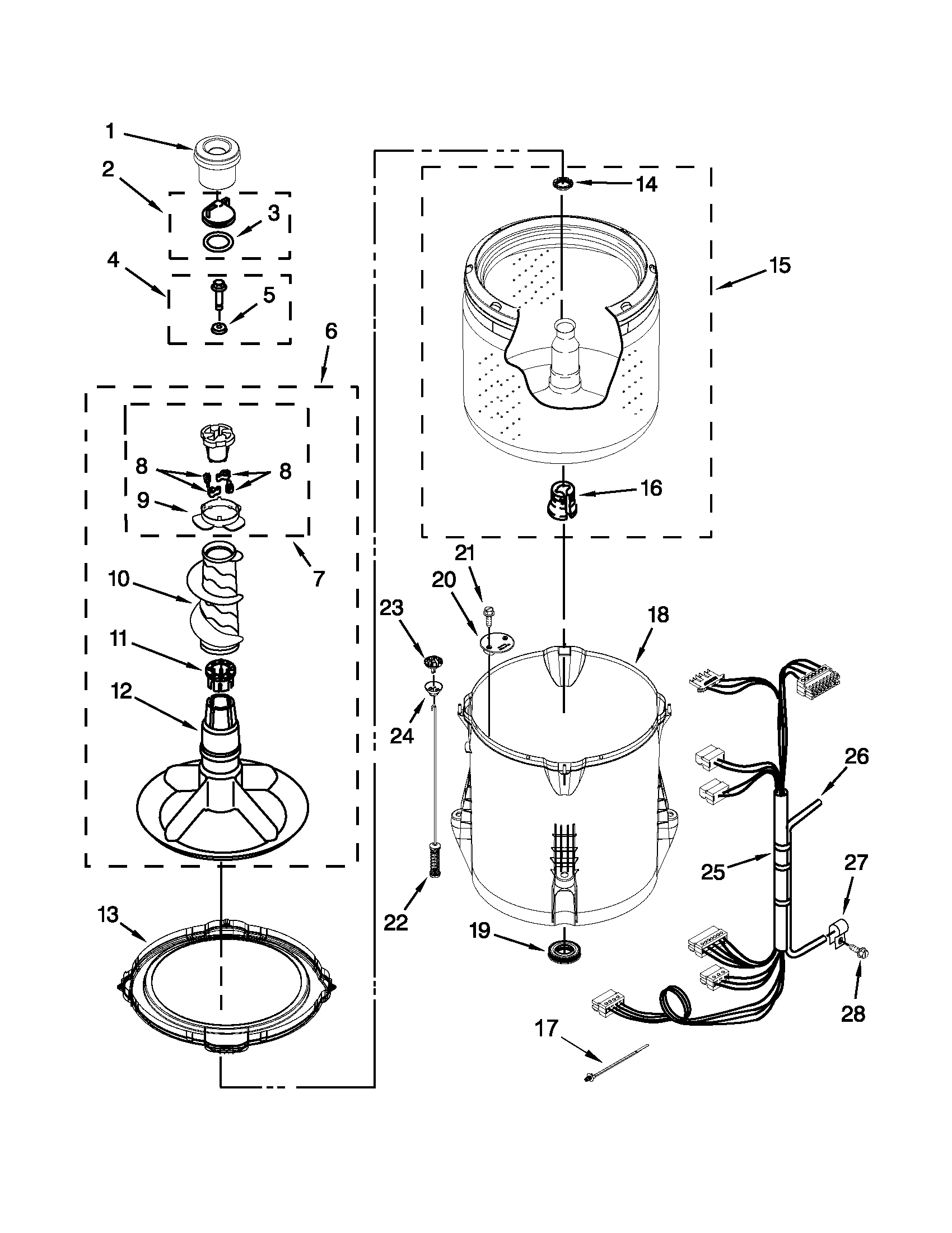 Whirlpool 7MWTW1705BQ0 basket and tub parts diagram