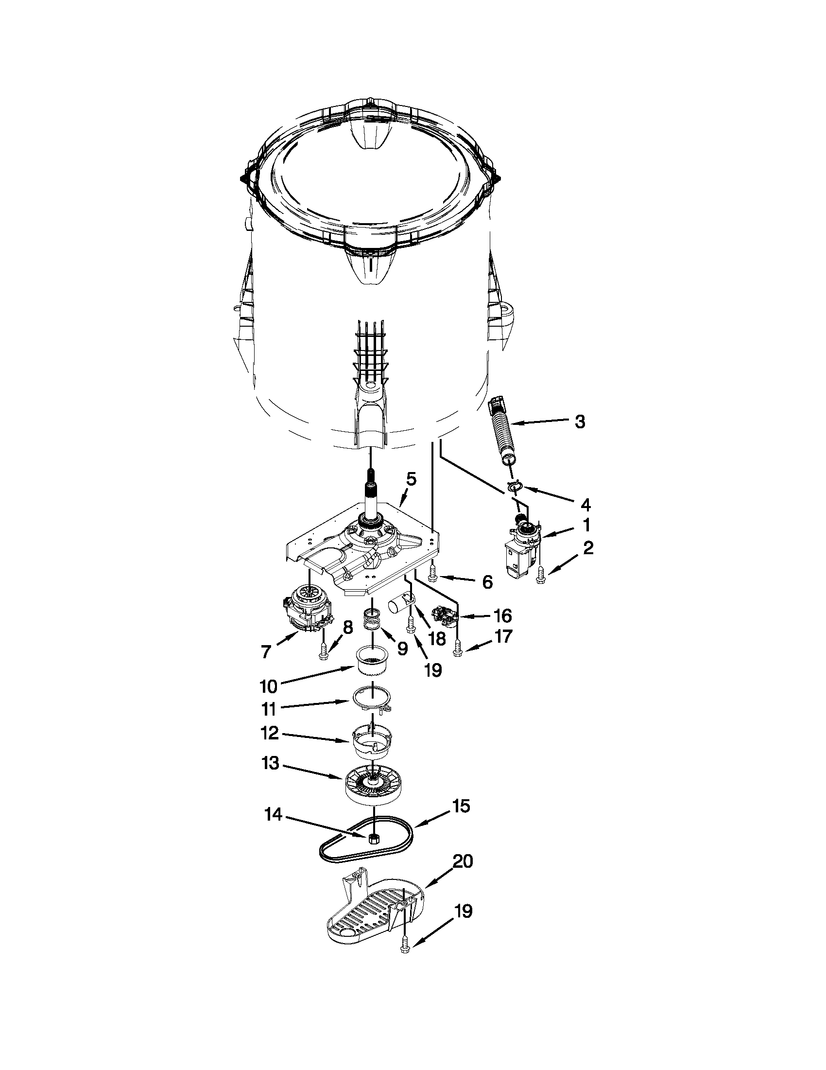Whirlpool 7MWTW1705BQ0 gearcase, motor and pump parts diagram