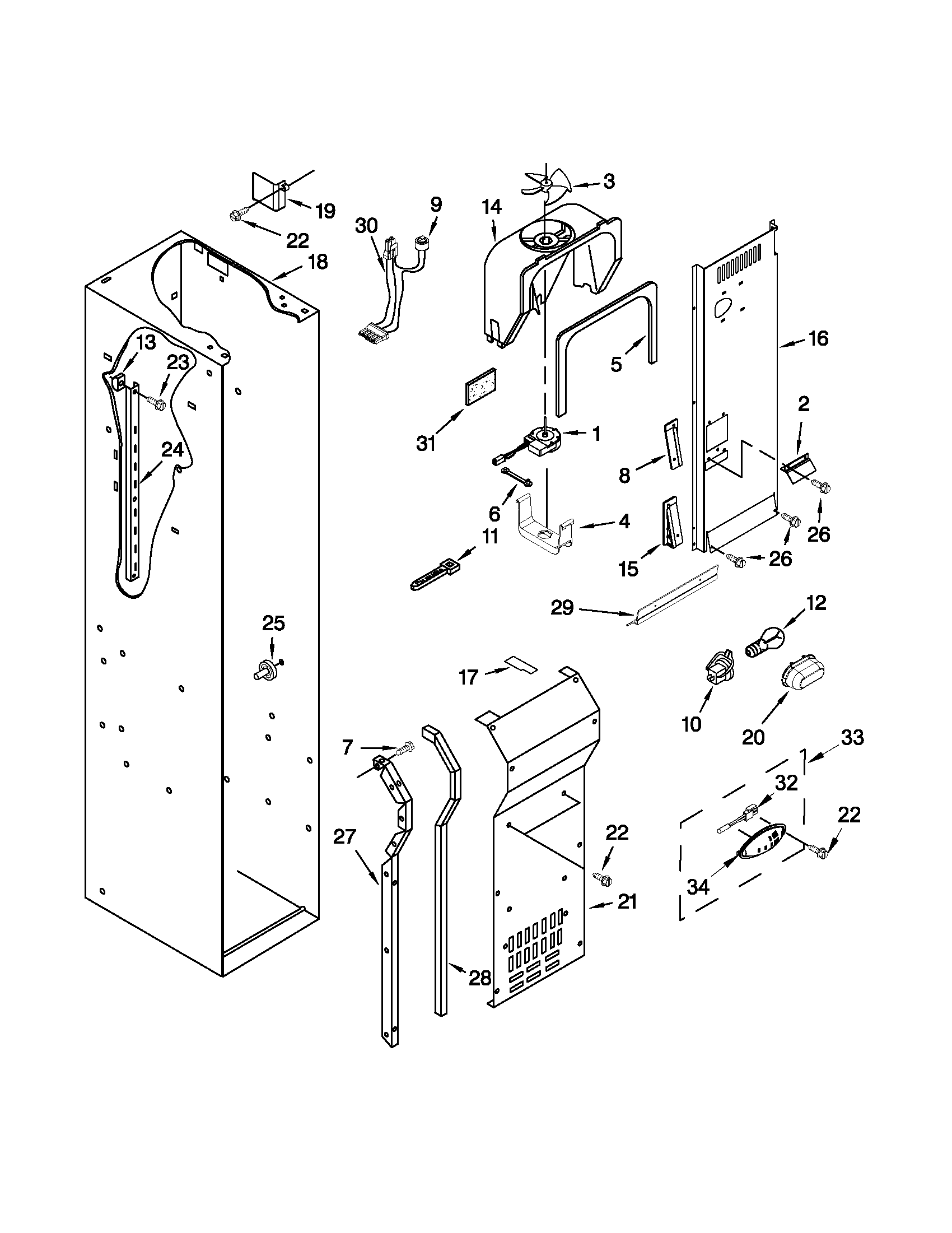 KitchenAid KSSO48FTX17 freezer liner and air flow parts diagram