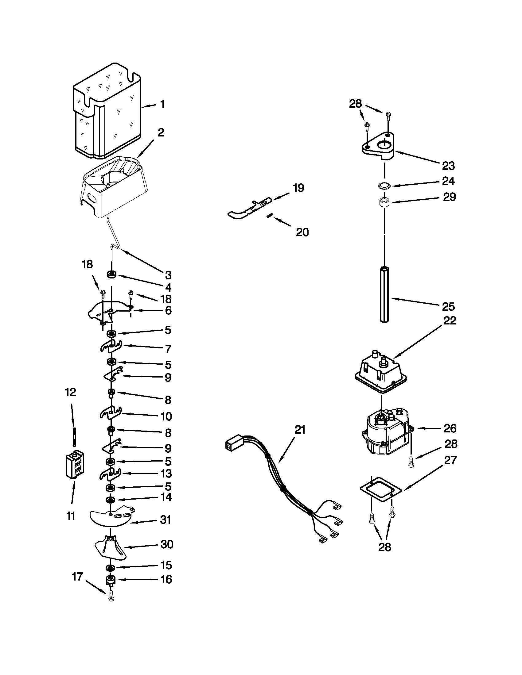 Whirlpool GD5RVAXVQ02 motor and ice container parts diagram