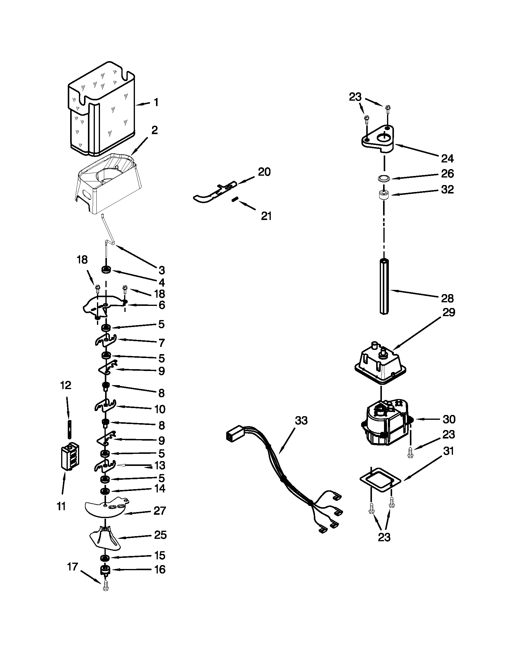 Whirlpool GC5SHAXVA00 motor and ice container parts diagram