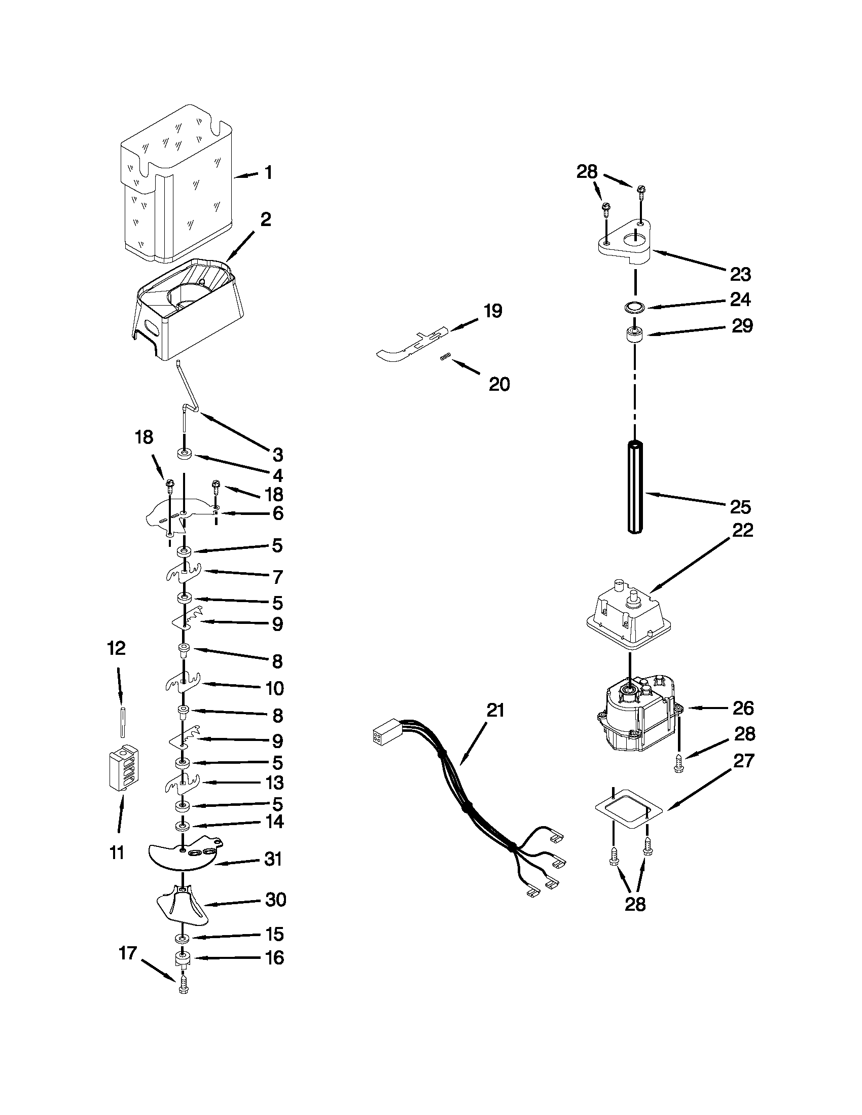 Whirlpool GD5RVAXVB01 motor and ice container parts diagram