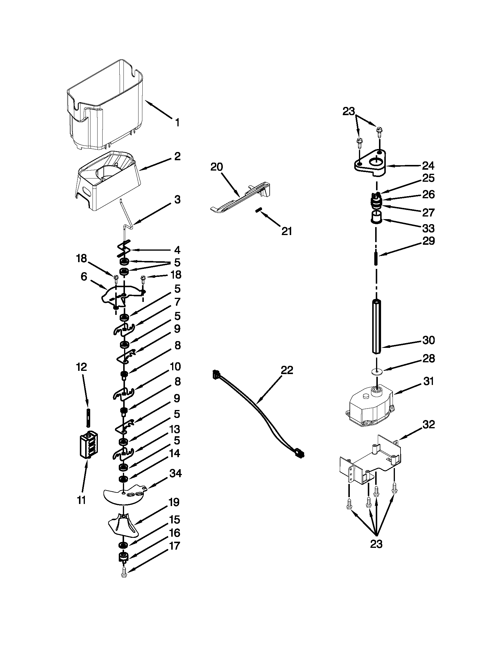 KitchenAid KSCS23FVSS02 motor and ice container parts diagram