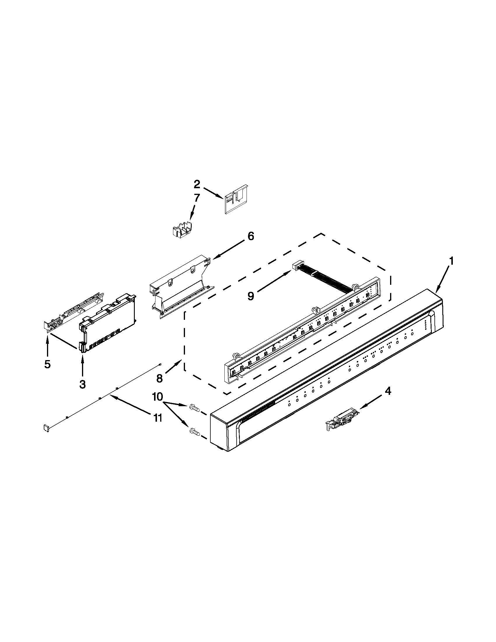 Whirlpool WDL785SAAM0 control panel and latch parts diagram