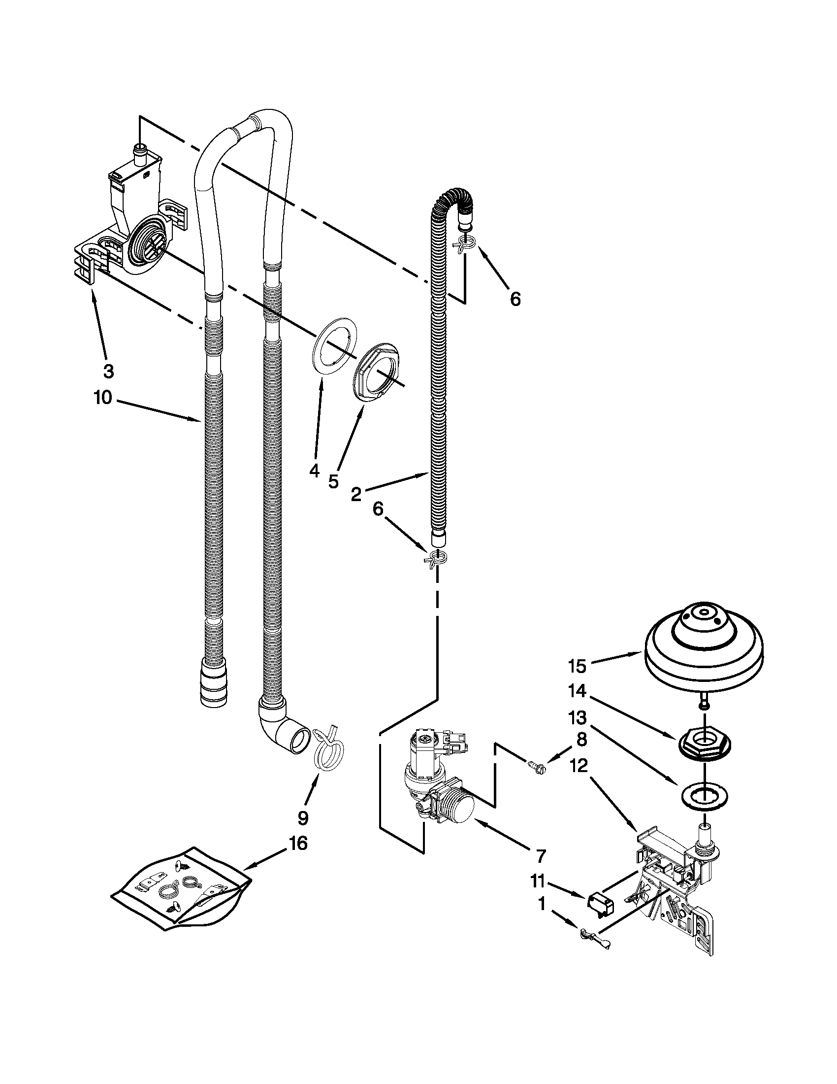 Whirlpool WDL785SAAM0 fill, drain and overfill parts diagram