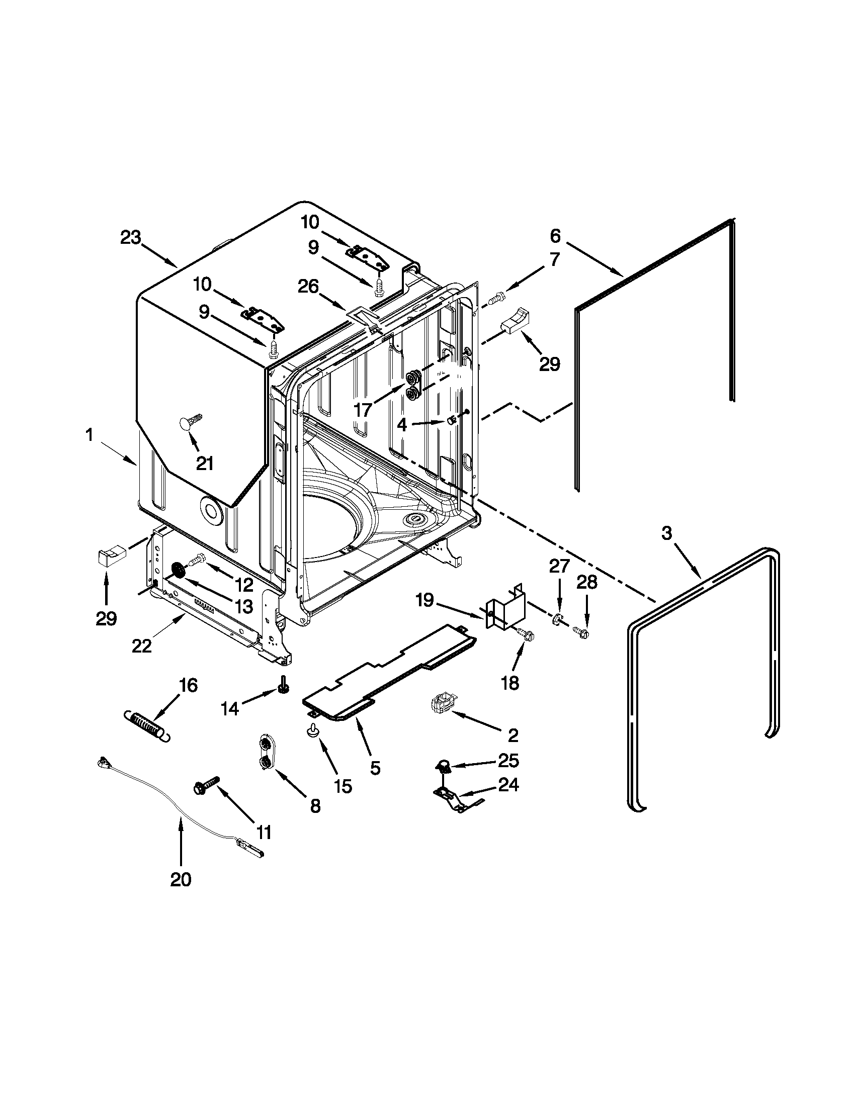 Whirlpool WDL785SAAM0 tub and frame parts diagram