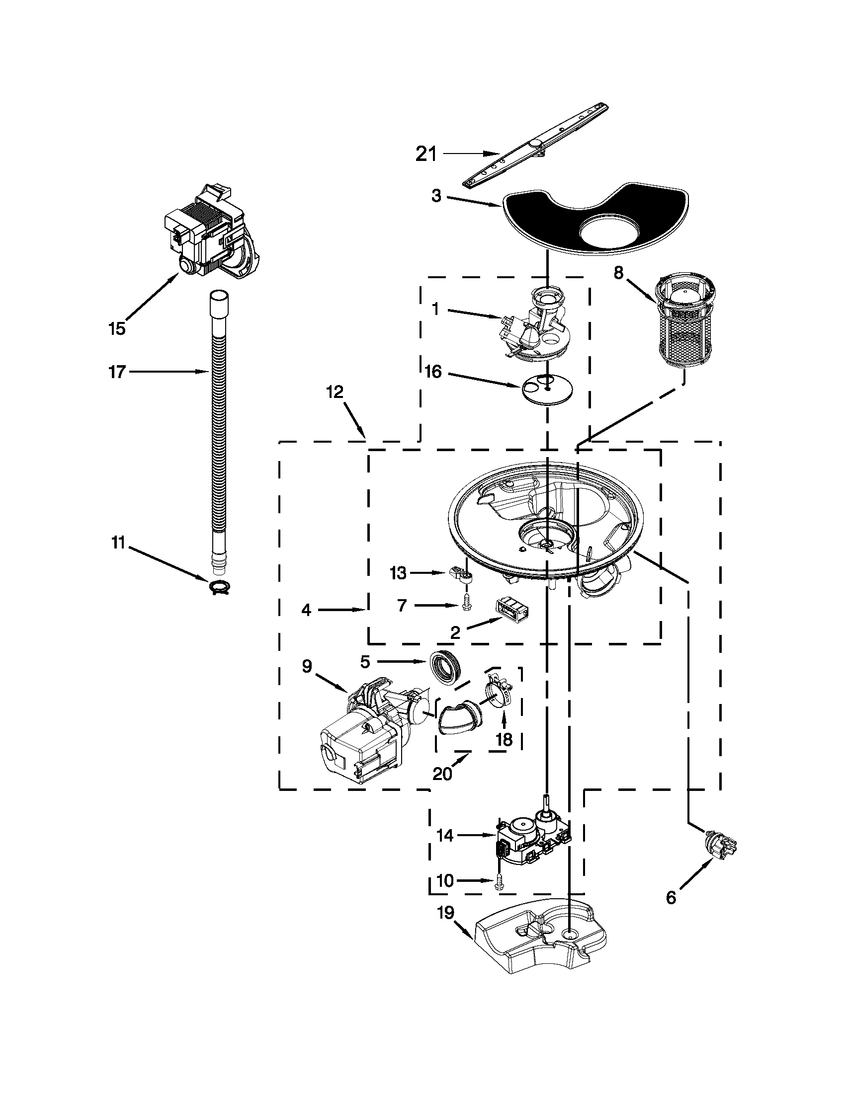 Whirlpool WDL785SAAM0 pump, washarm and motor parts diagram