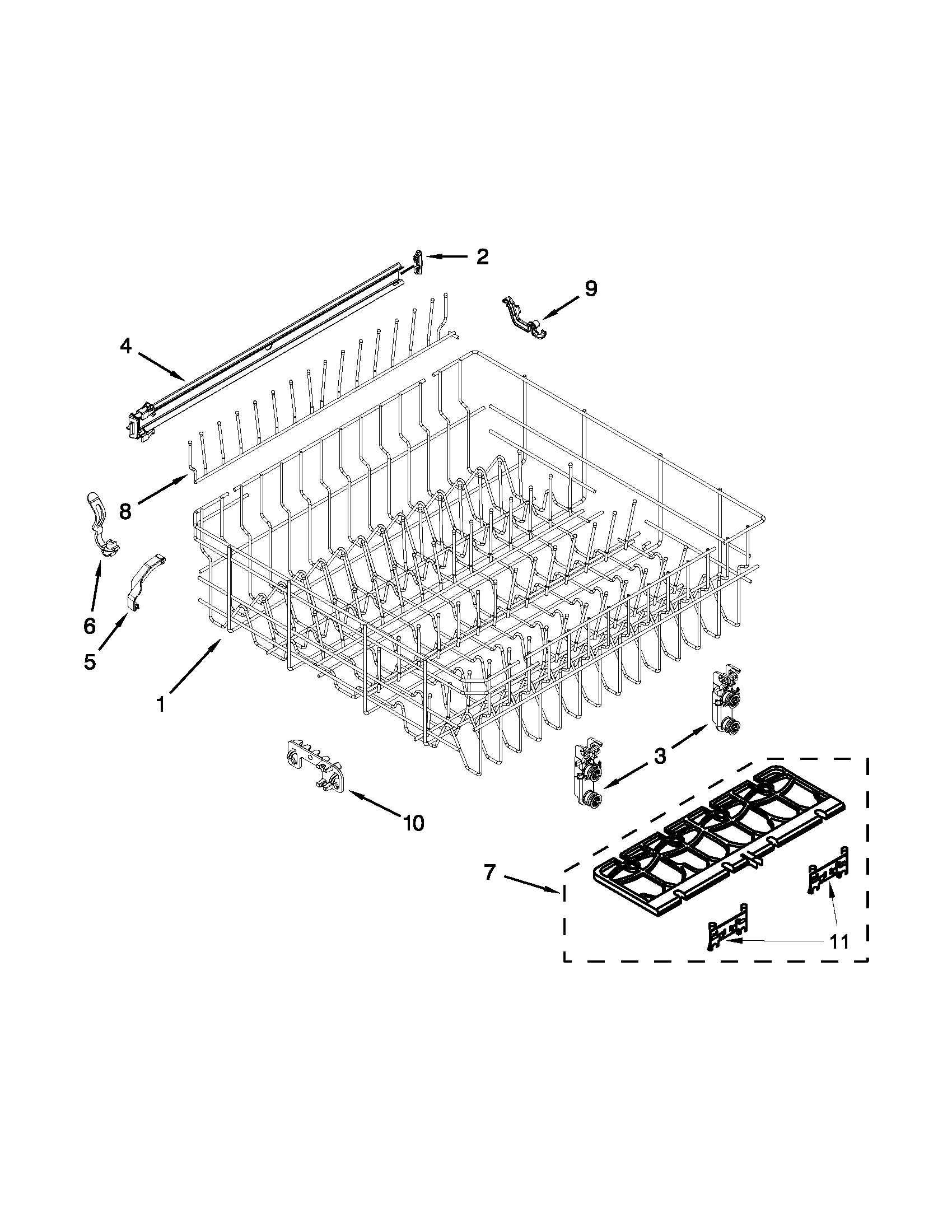 Whirlpool WDL785SAAM0 upper rack and track parts diagram