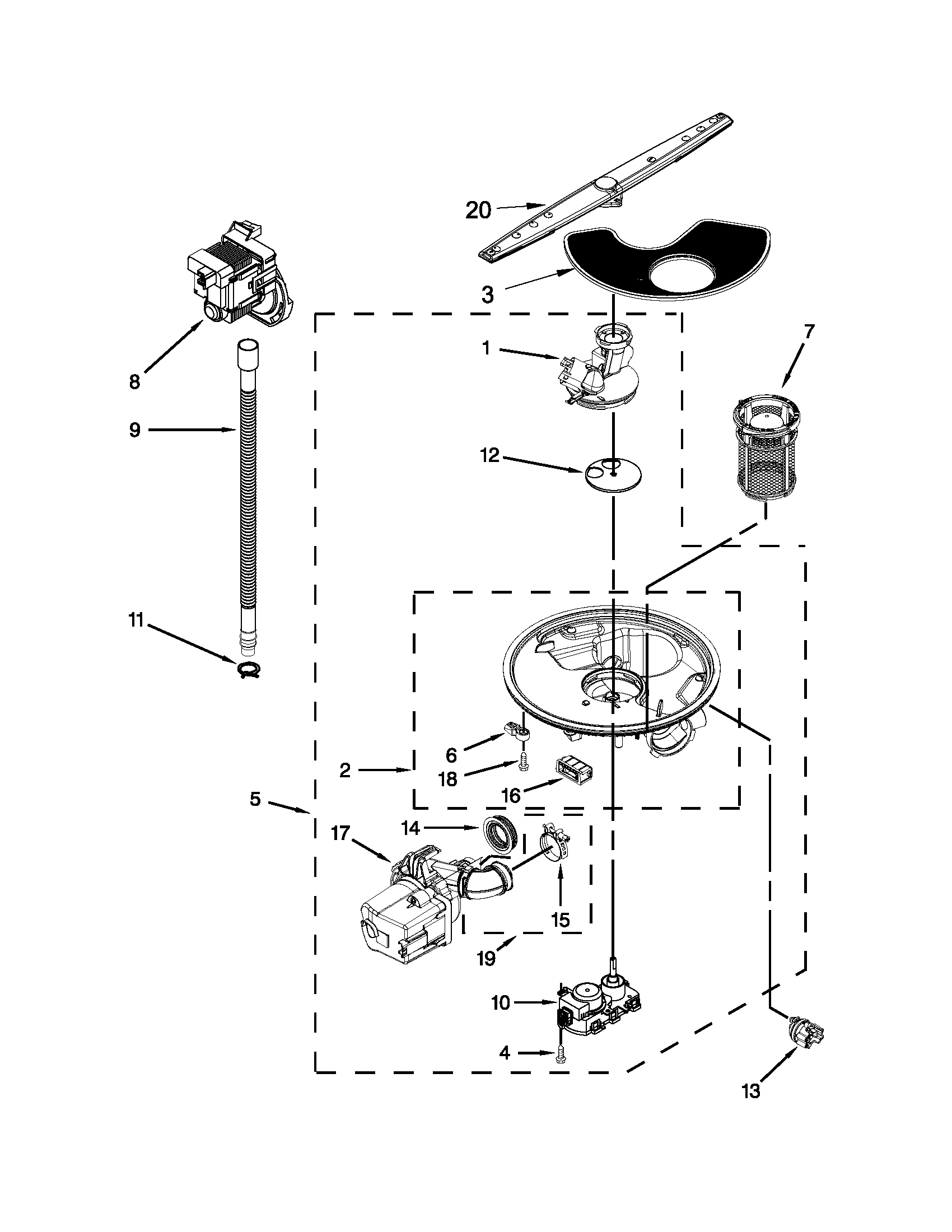 Whirlpool WDF730PAYM5 pump washarm and motor parts diagram