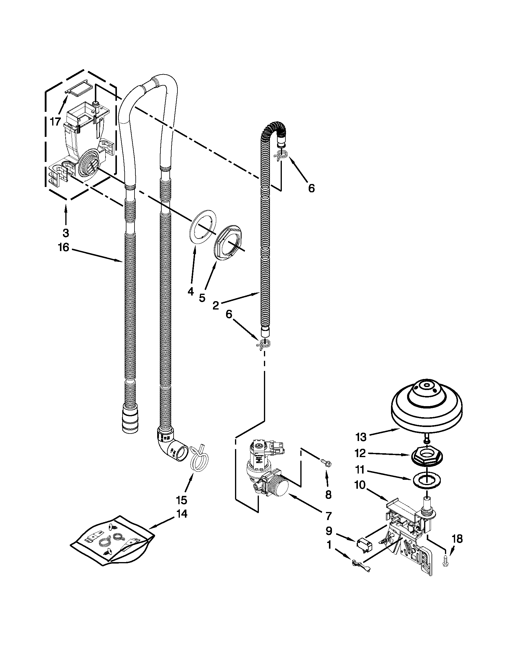 KitchenAid KUDC10FXSS6 fill, drain and overfill parts diagram