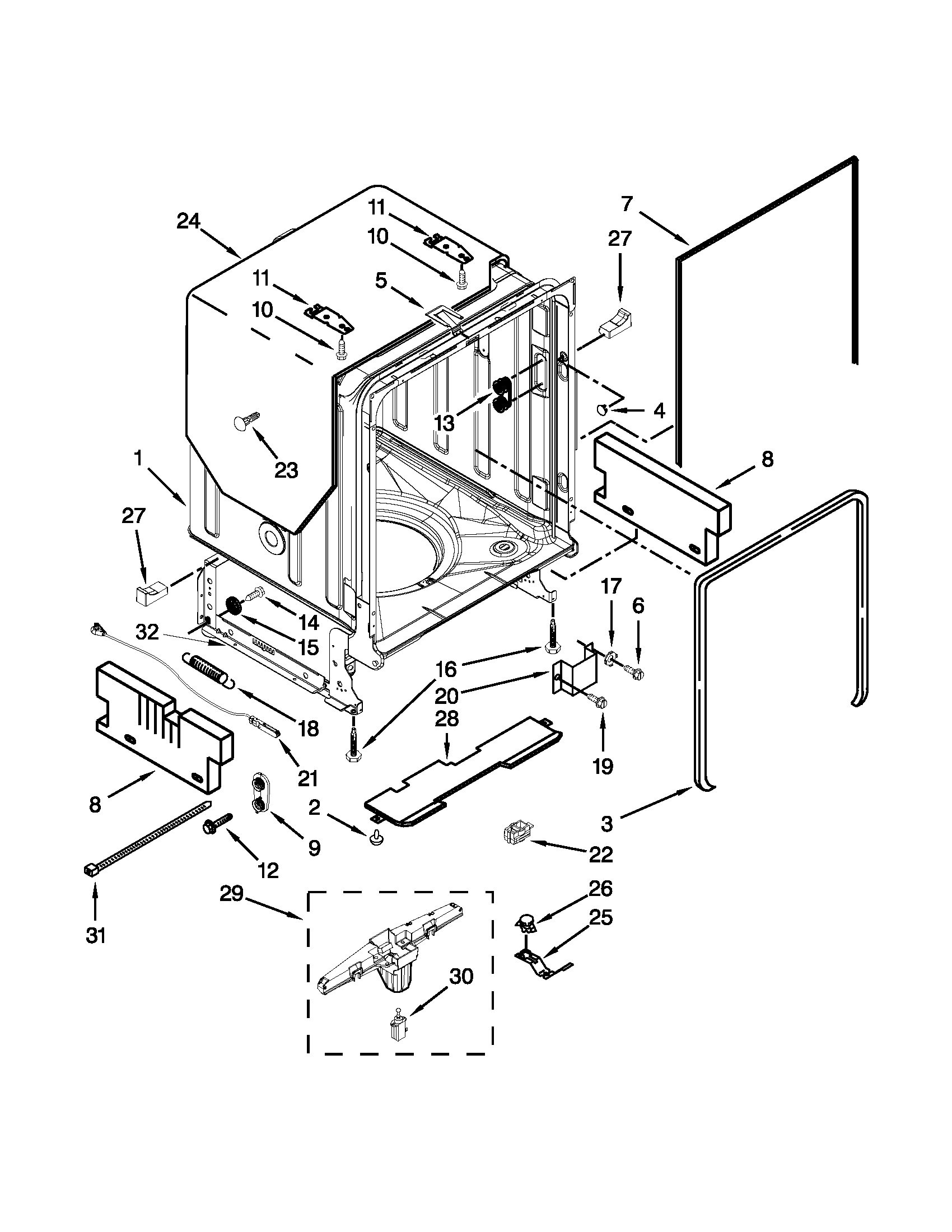 KitchenAid KUDS35FXSS9 tub and frame parts diagram