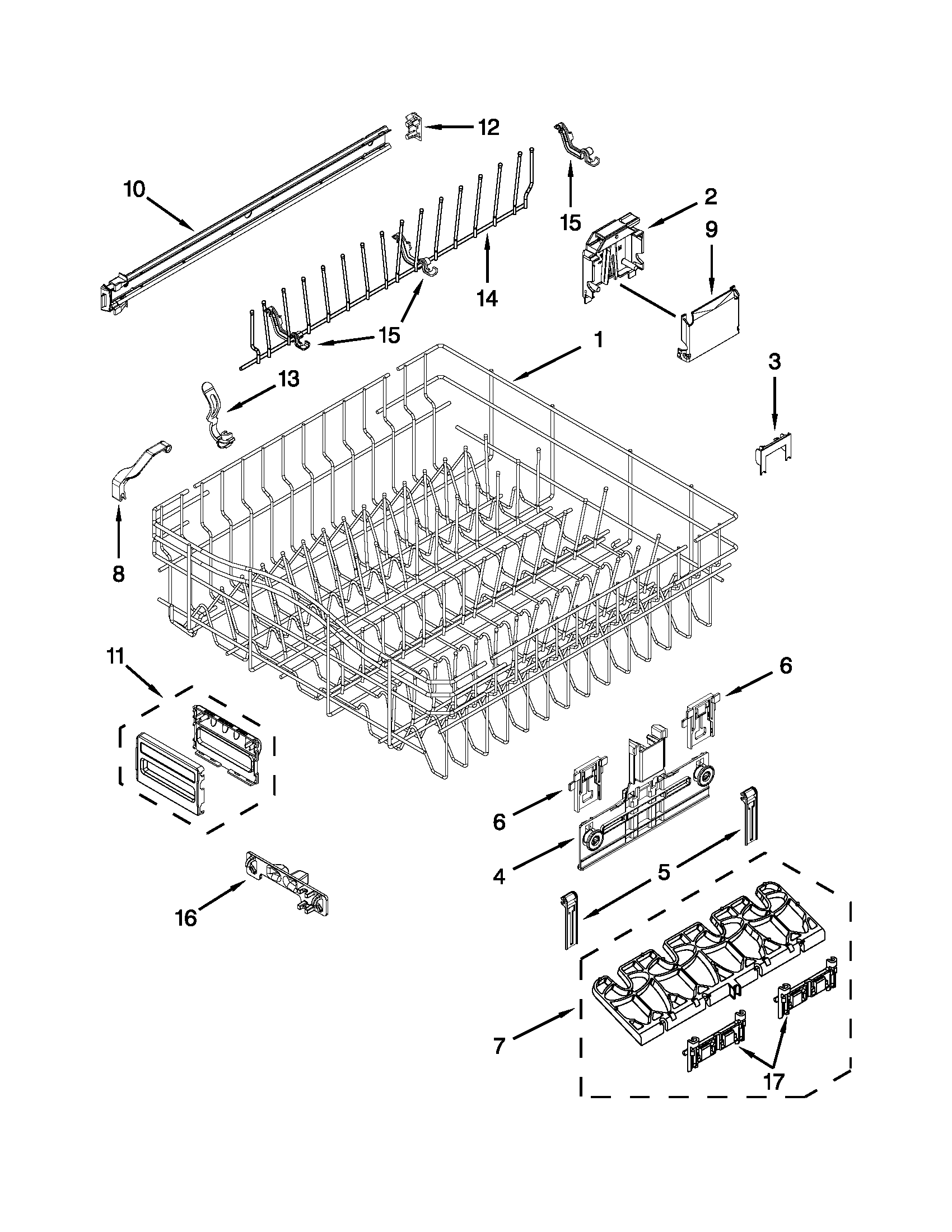 KitchenAid KUDS35FXSS9 upper rack and track parts diagram