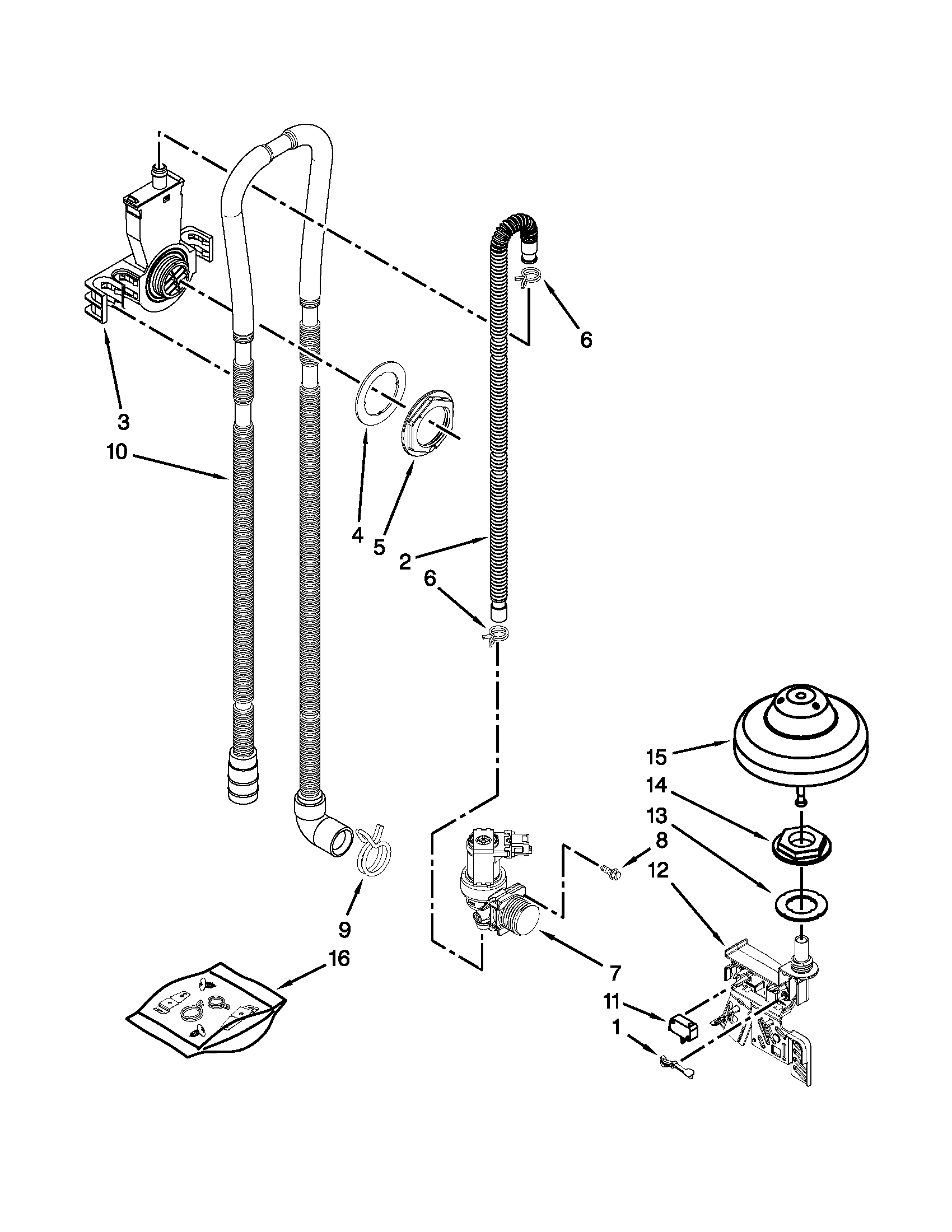 Whirlpool WDF750SAYB2 fill, drain and overfill parts diagram
