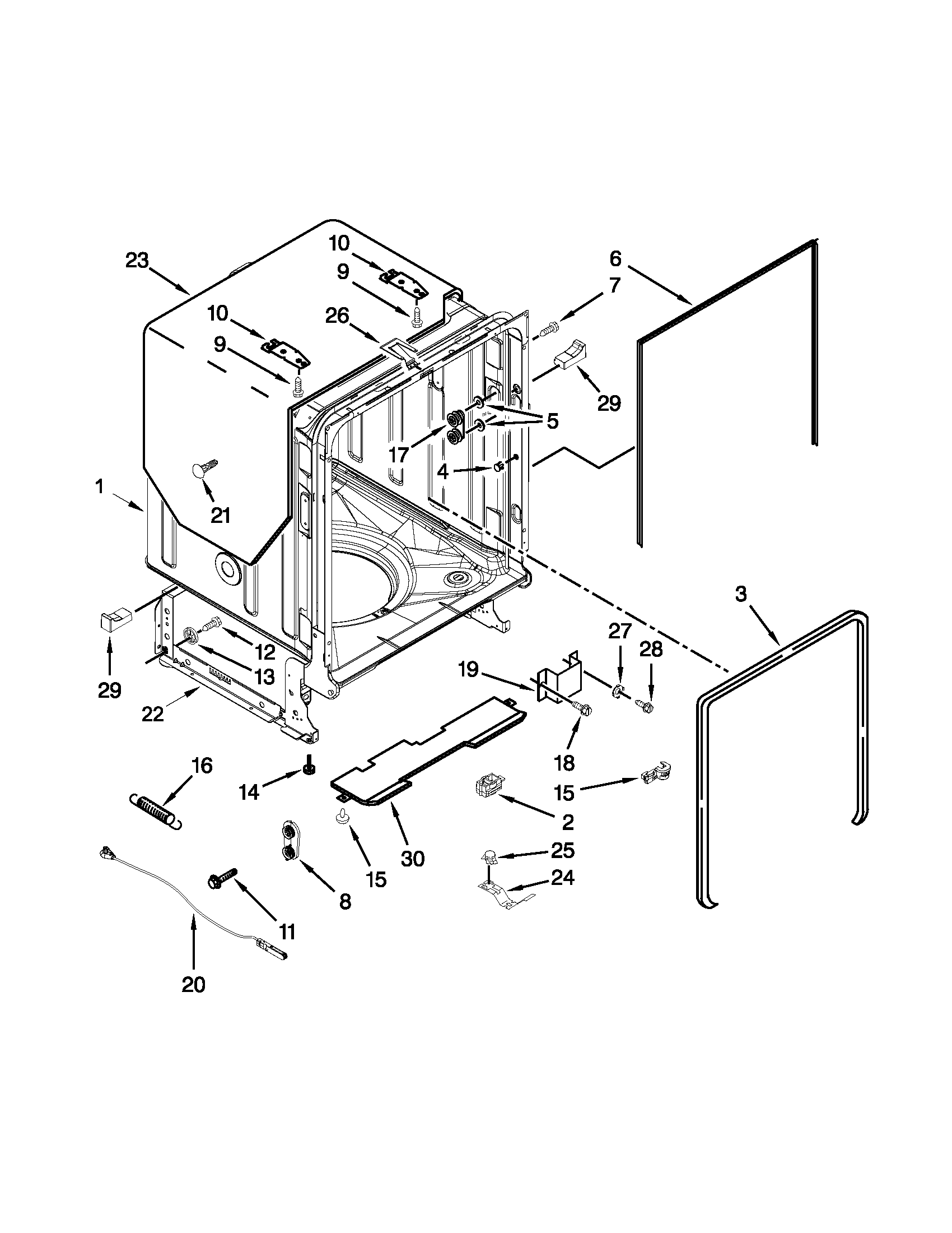 Whirlpool WDF750SAYB2 tub and frame parts diagram