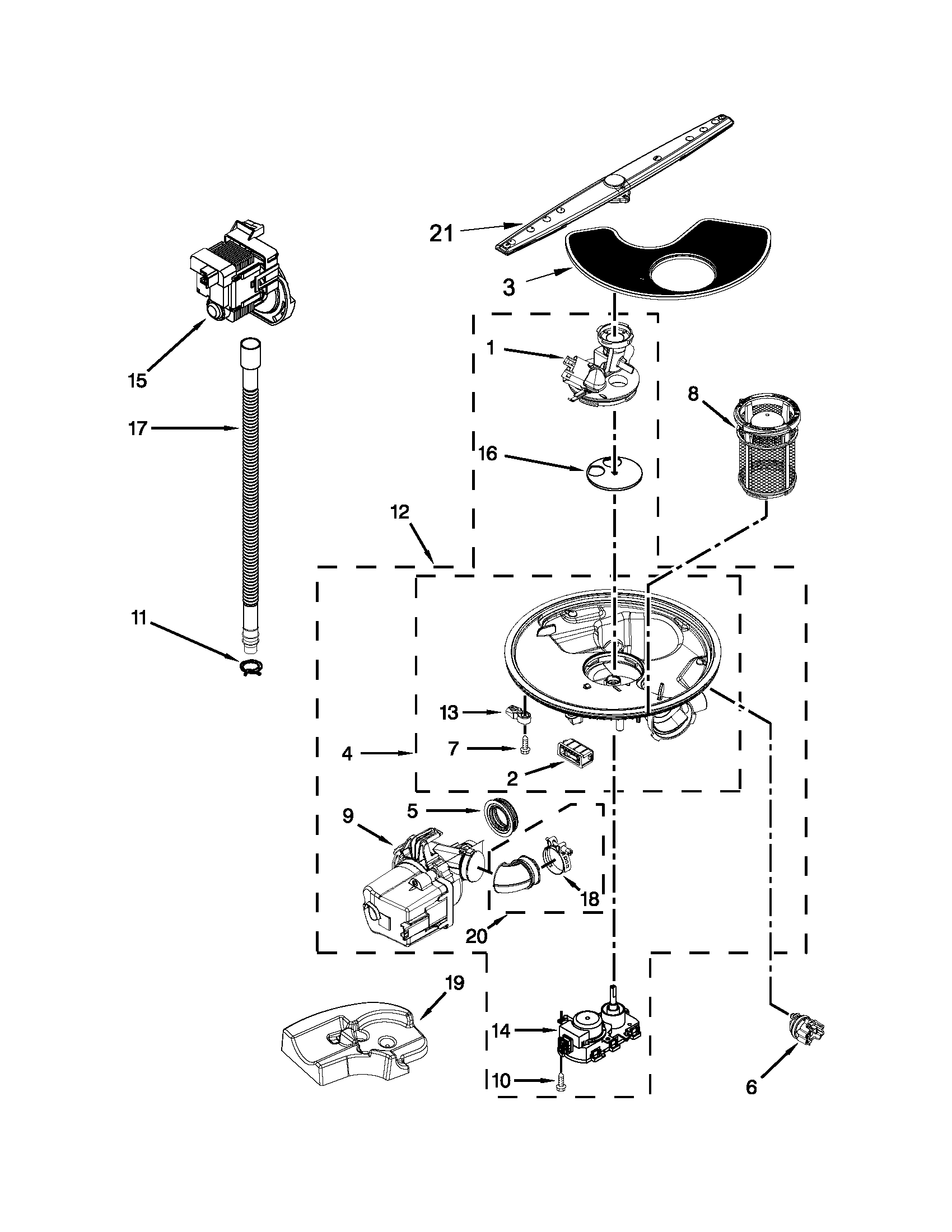 Whirlpool WDF750SAYB2 pump, washarm and motor parts diagram