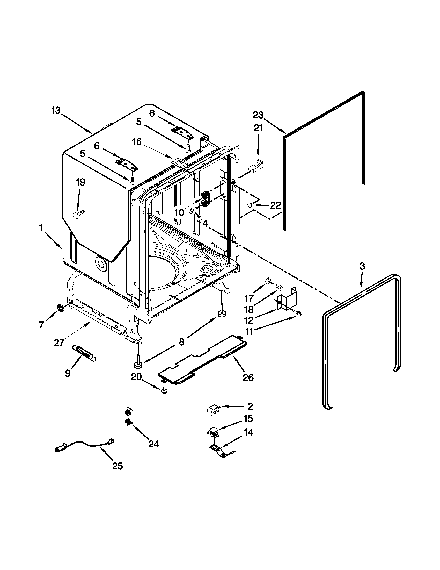 Whirlpool WDT790SAYM2 tub and frame parts diagram