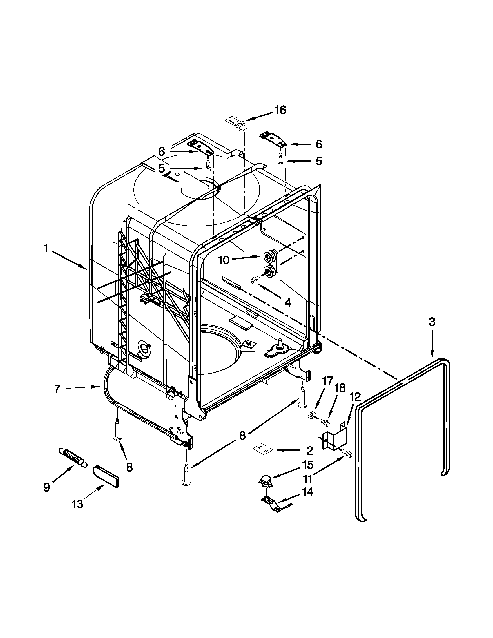 Whirlpool WDF110PABT0 tub and frame parts diagram